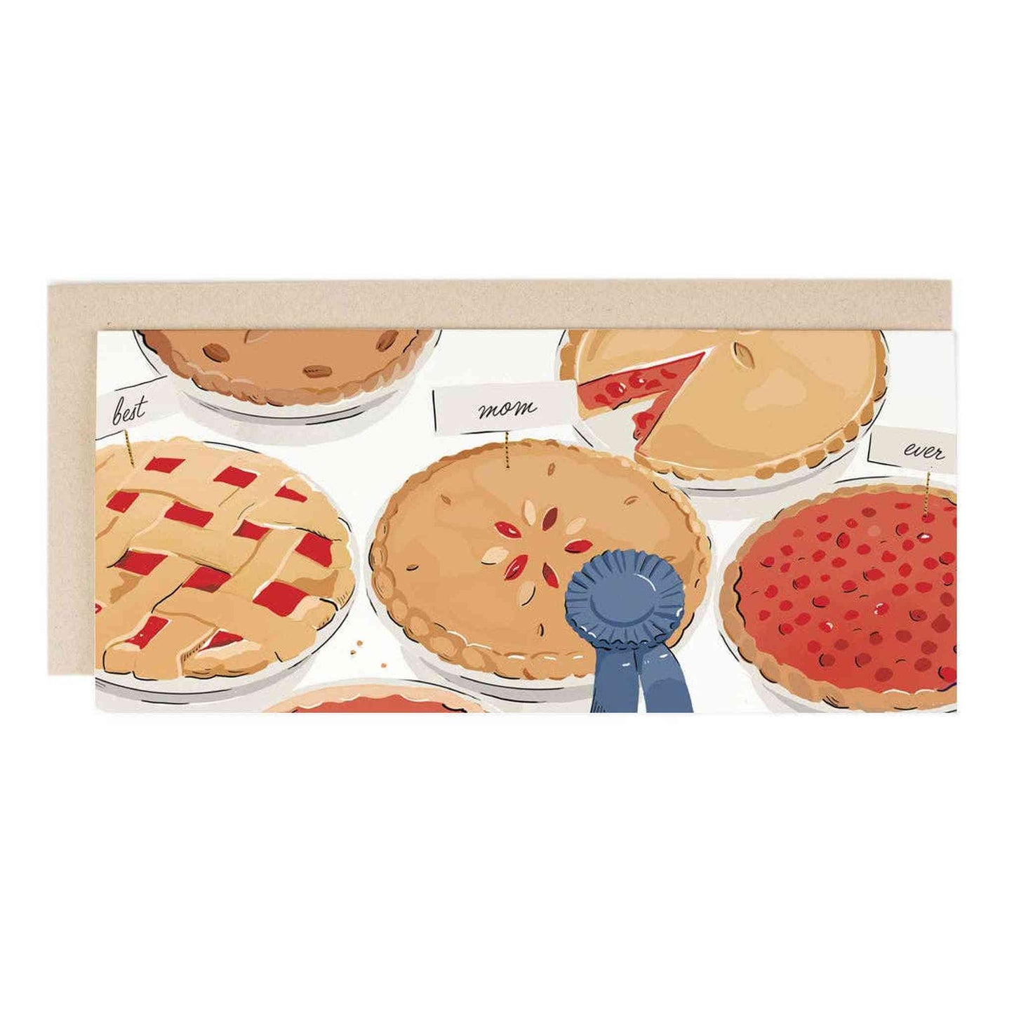 Best Mom Ever pie contest greeting card with warm white cover and blank interior