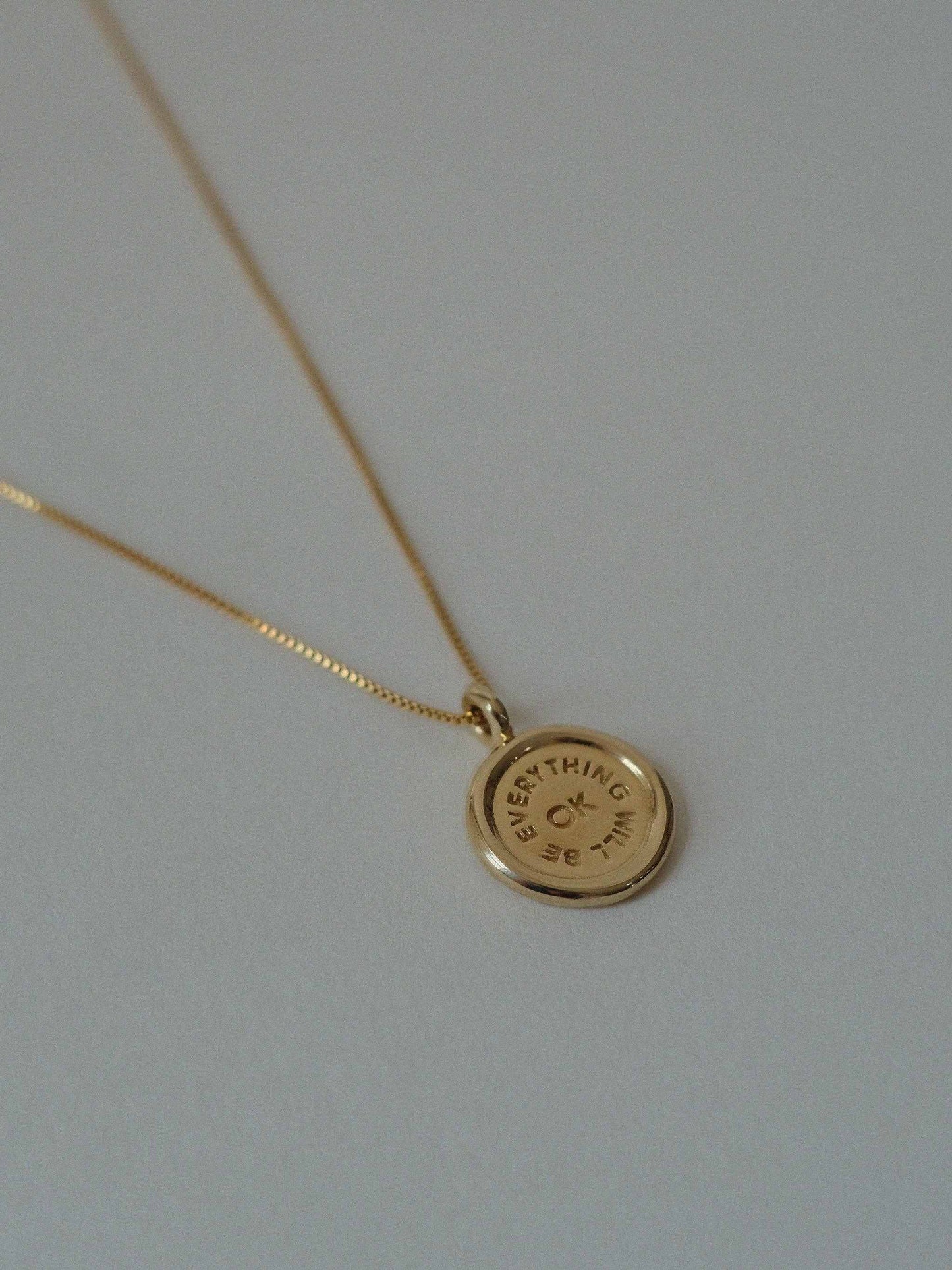 Gold plated Everything Will Be OK charm on delicate box chain necklace