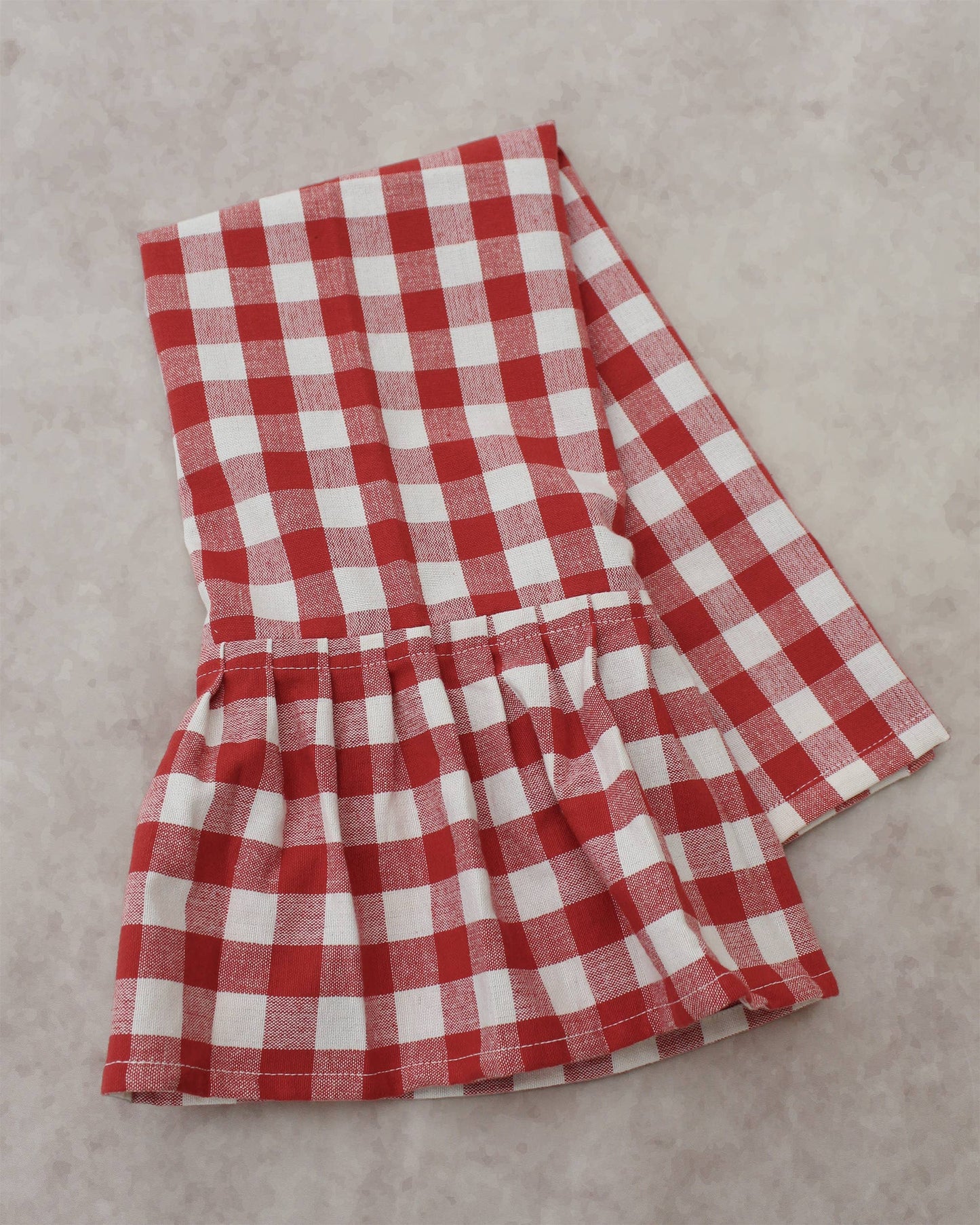 Ember ruffled gingham dish towel in red and white cotton with gathered trim