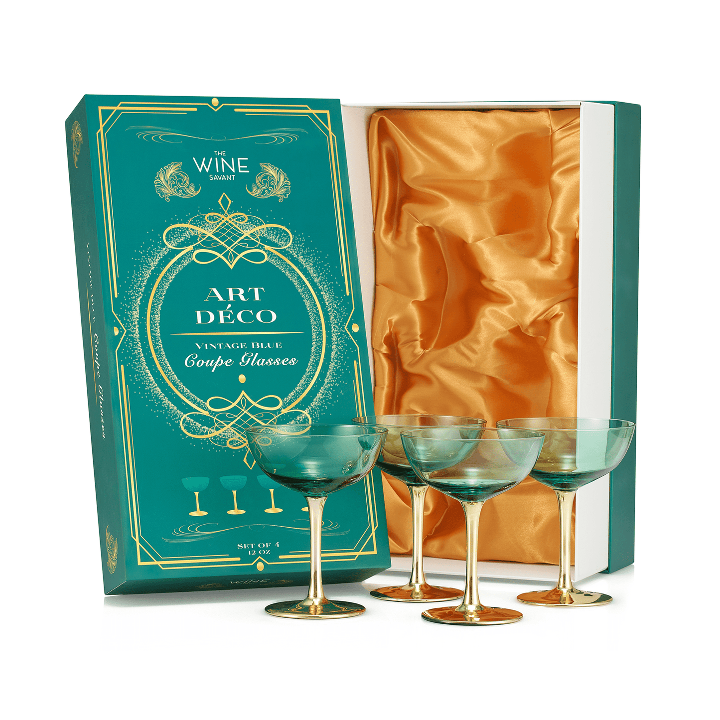 Set of 4 gold and green Art Deco coupe glasses with gold-plated stems and 12 oz capacity