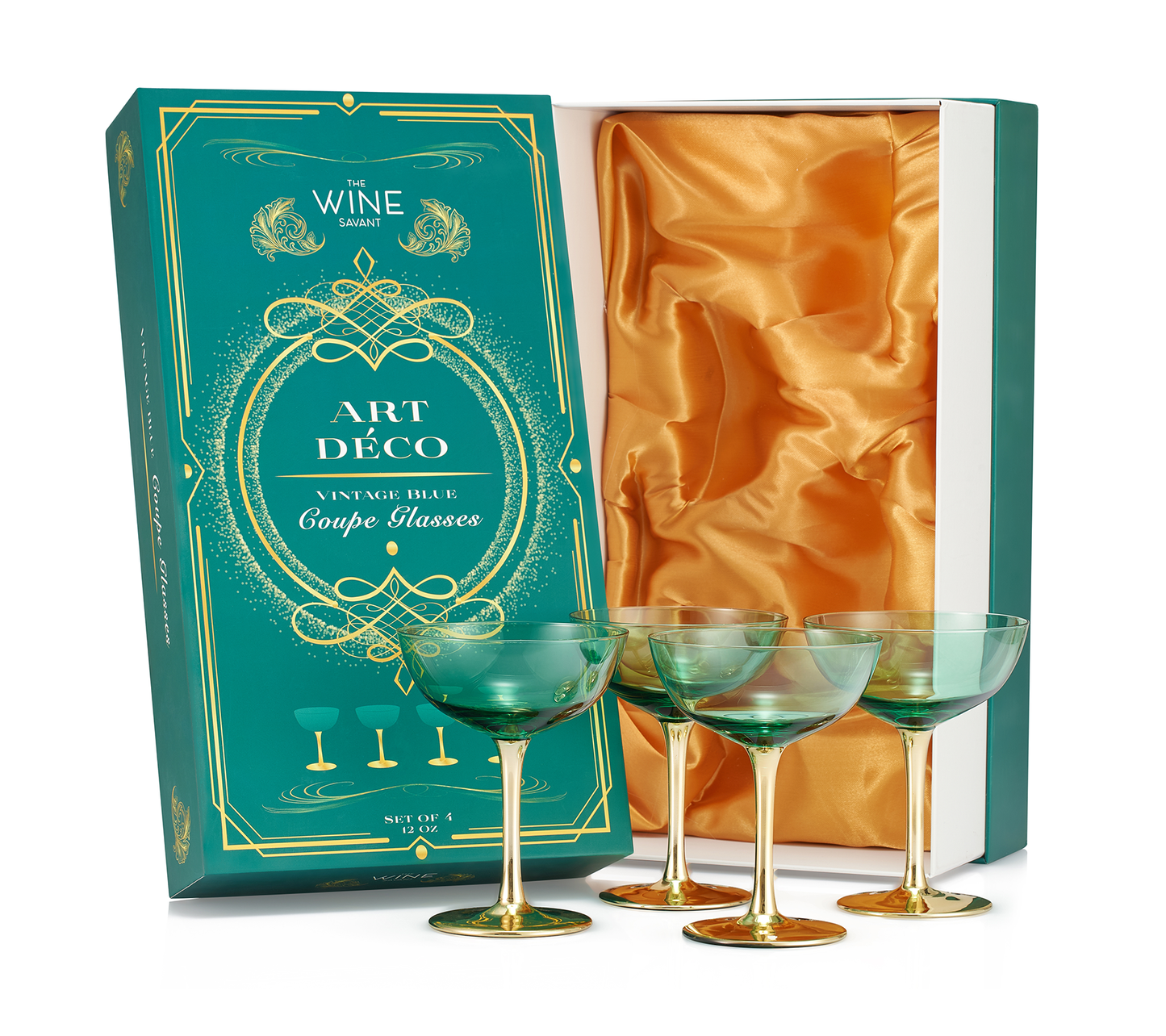 Gold & Green Coupe Art Deco Glasses, Gold | Set of 4 - Curated Home Decor