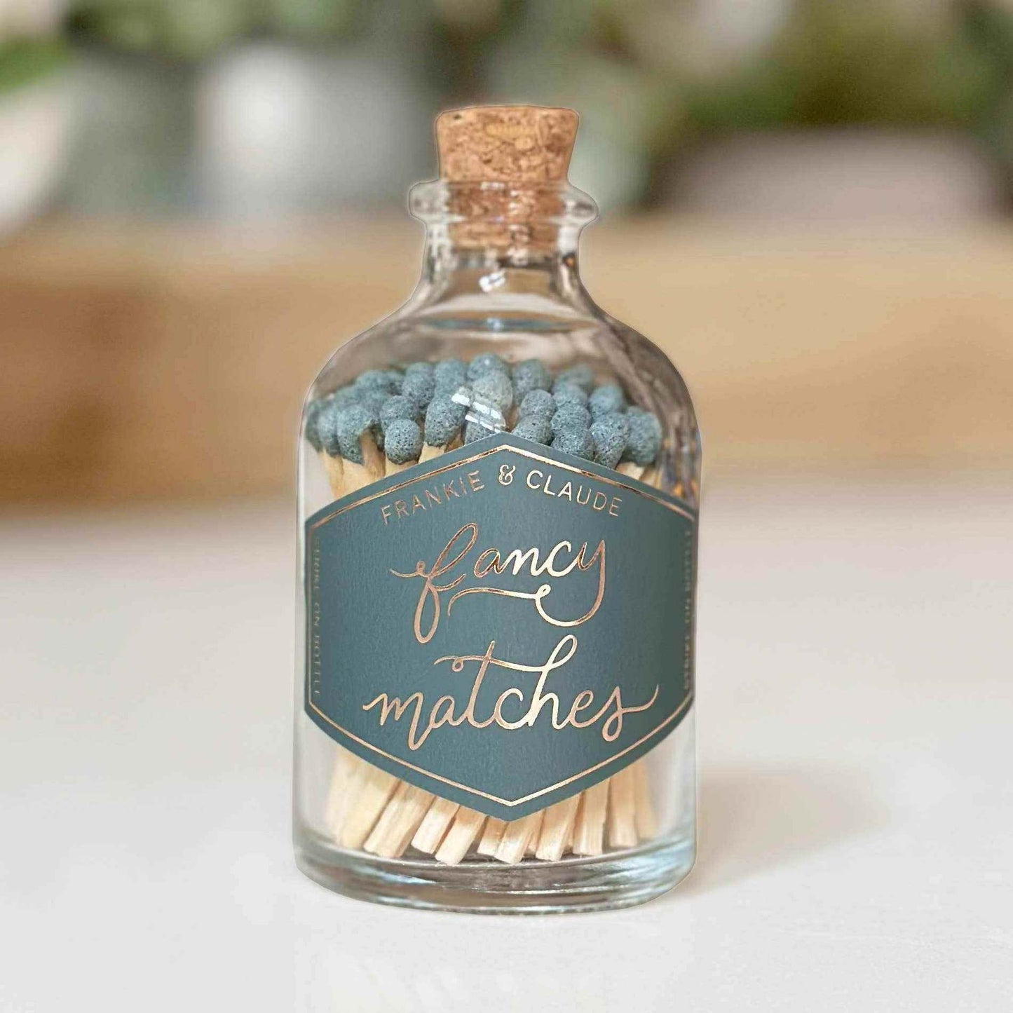 Fancy Matches Blue Spruce match jar with cork lid and gold foil label