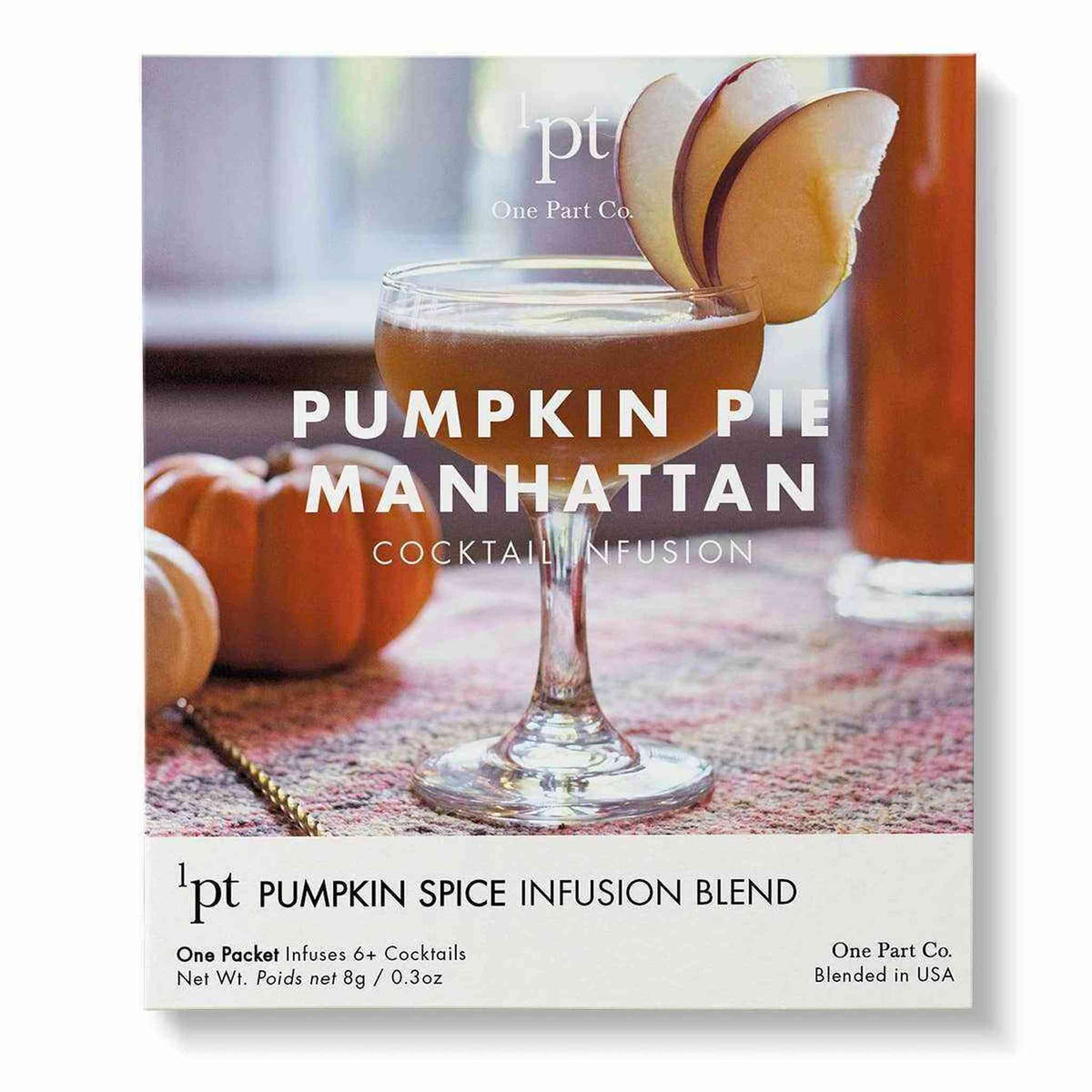 
                  
                    Pumpkin Pie Manhattan cocktail pack with pumpkin spice infusion blend and apple garnish in glass
                  
                