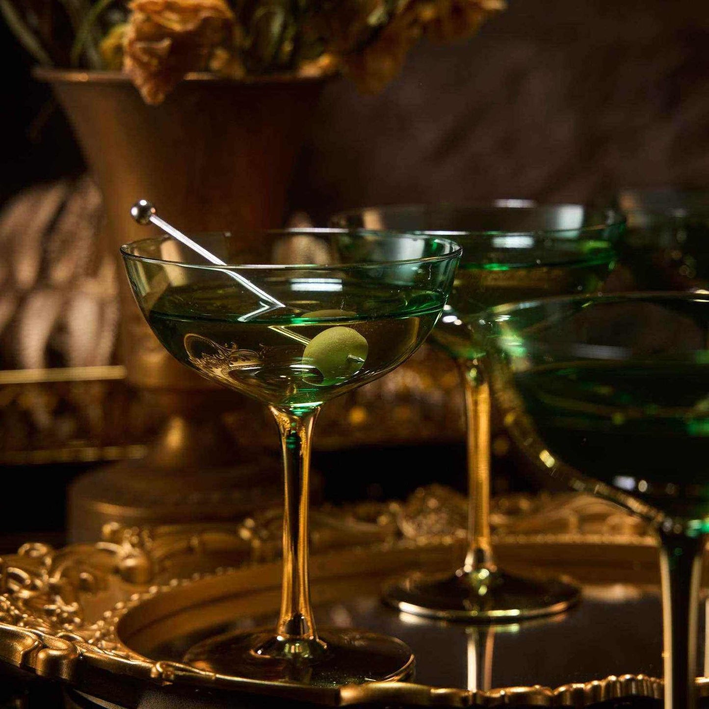 
                  
                    Gold & Green Coupe Art Deco Glasses, Gold | Set of 4 - Curated Home Decor
                  
                