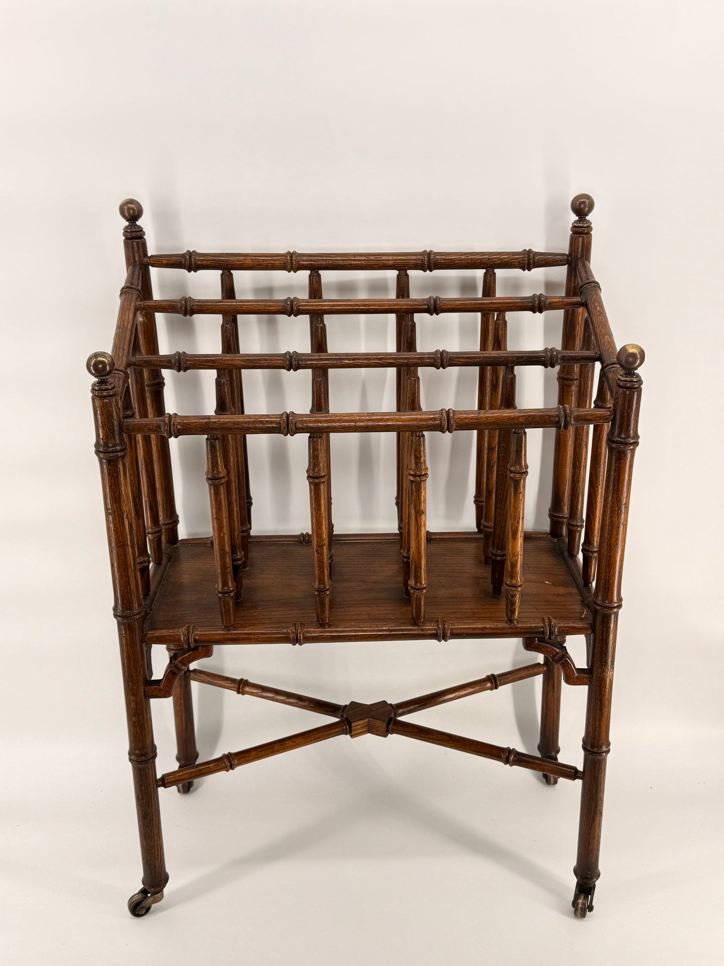 1950s Vintage Turned Oak Faux Bamboo Canterbury Magazine Rack