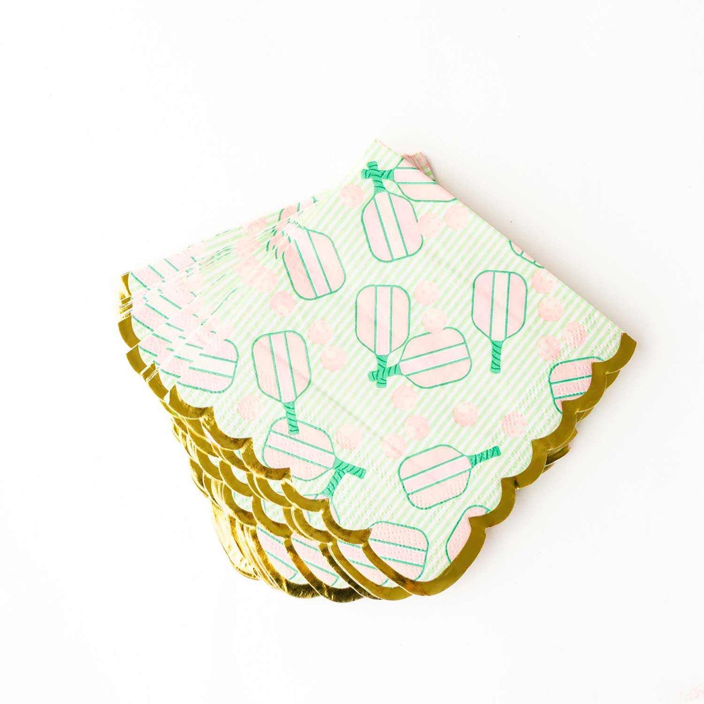 Pickleball stripe paper beverage napkins with gold scalloped edges and green pickleball paddle design, pack of sixteen