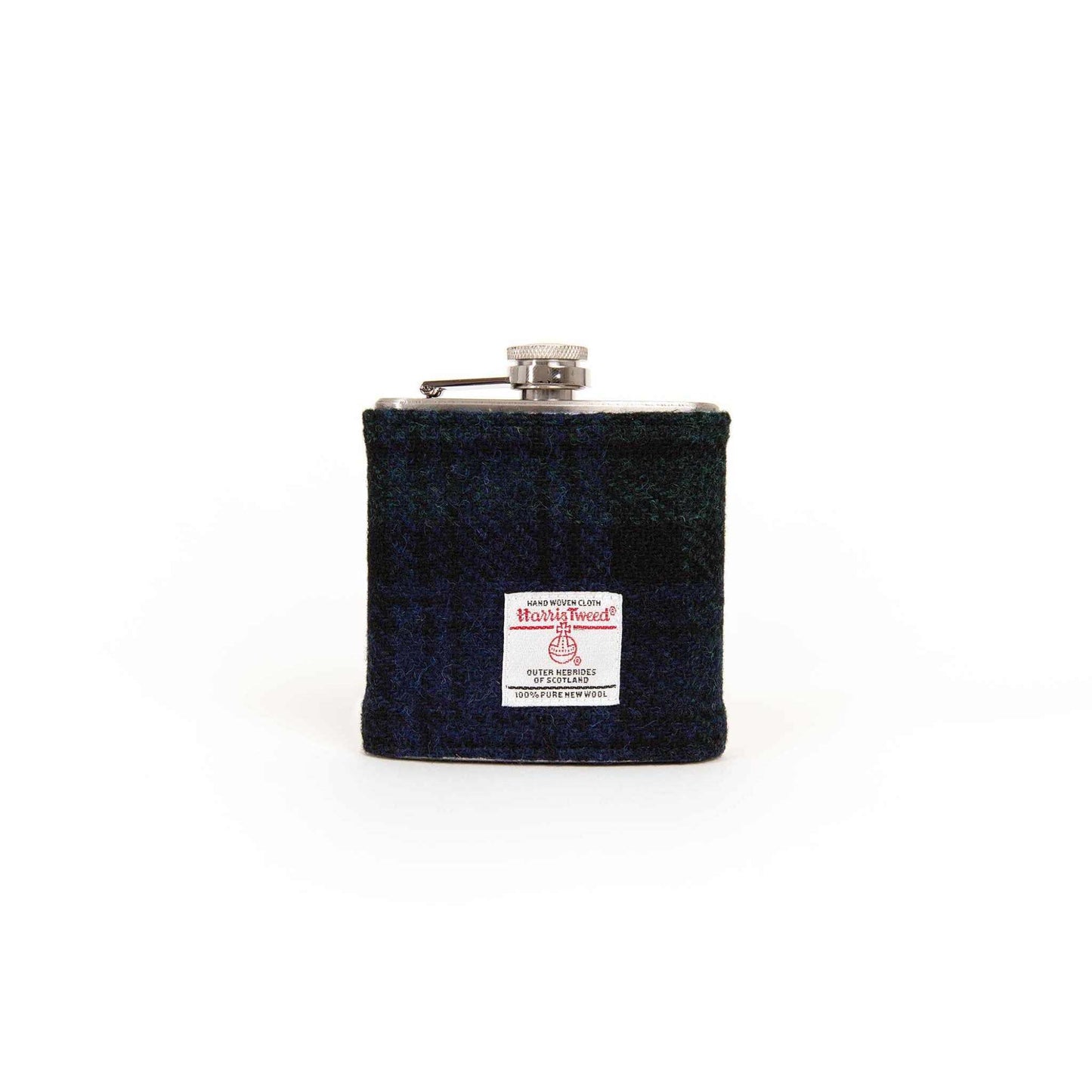 6oz Harris Tweed hip flask with Blackwatch tartan wool wrap and stainless steel flask