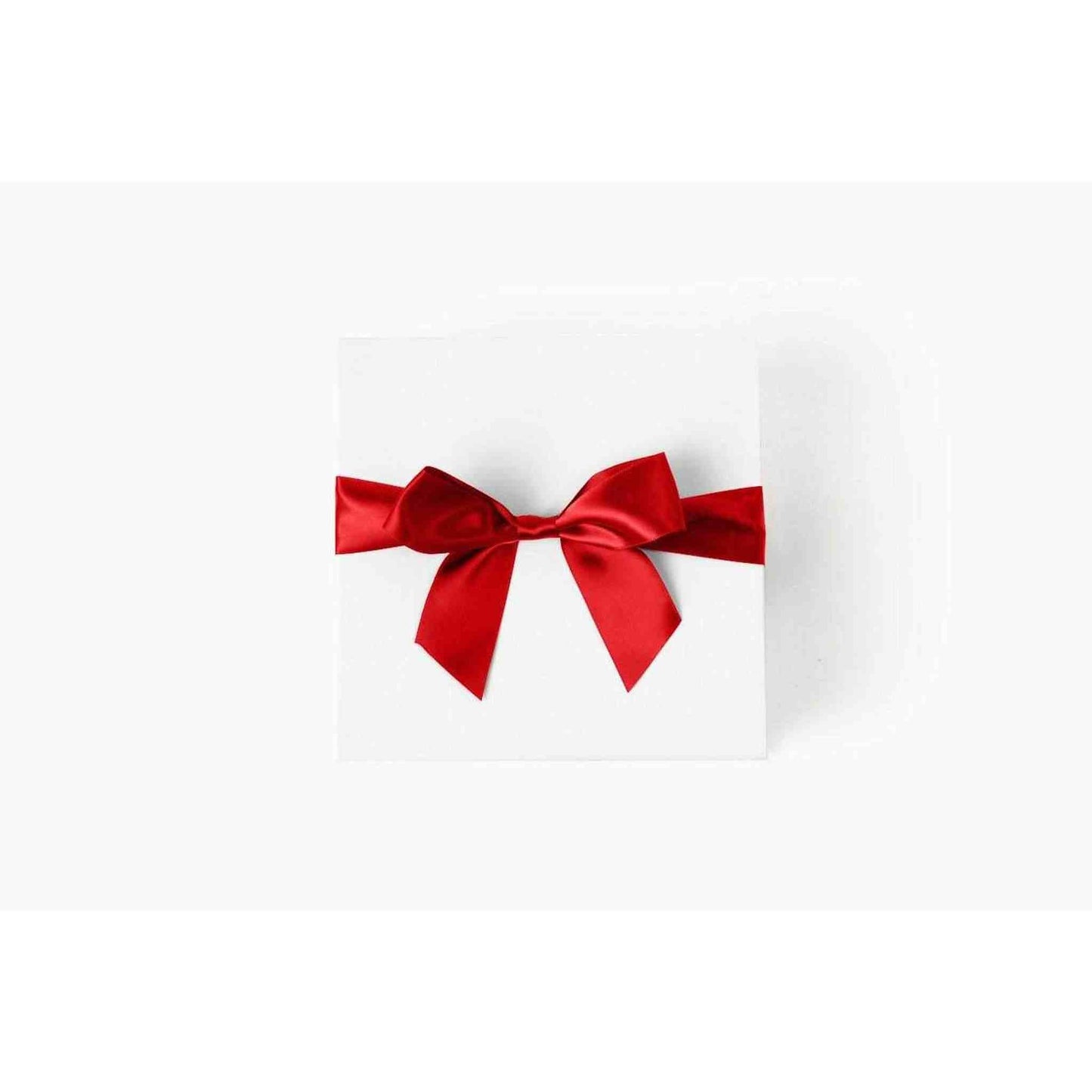 Deluxe white gift box with ivory crinkle paper and red satin ribbon bow set 8x8x3 inches