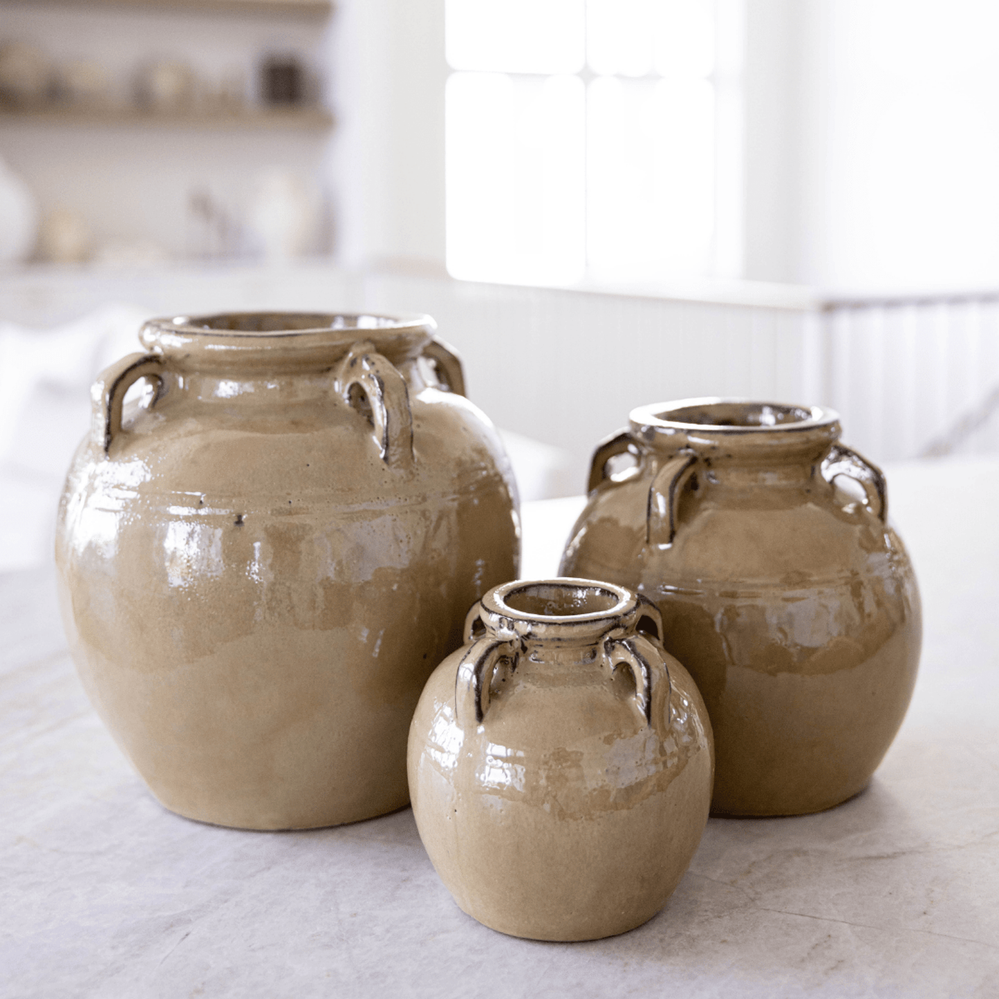 Chevalier Cream Glazed Vase terracotta with handles in neutral beige for vintage home decor