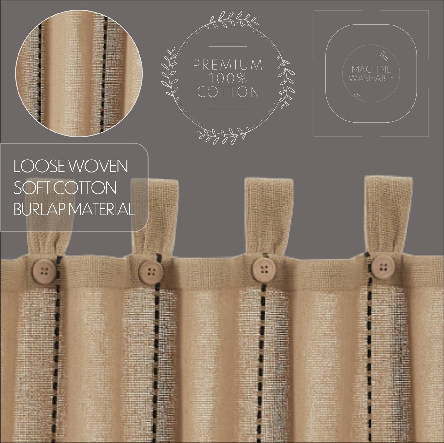 
                  
                    Stitched Burlap Natural Café Tier Curtains – Set of 2, 36"W x 24"L - Curated Home Decor
                  
                