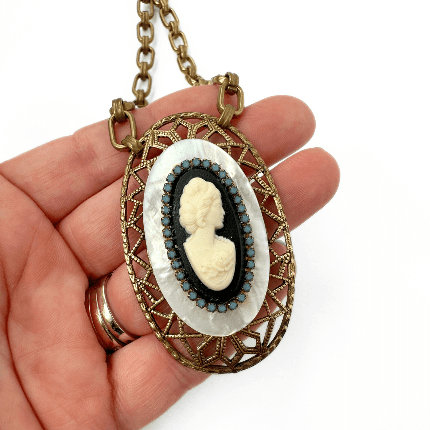 
                  
                    Mother of Pearl Refashioned Vintage Cameo Pendant Necklace - Curated Home Decor
                  
                