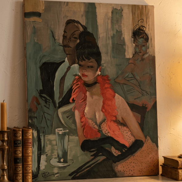 Vintage Oil on Canvas in the Style of Jean Gabriel Domergue — Parisian Cabaret Scene - Curated Home Decor