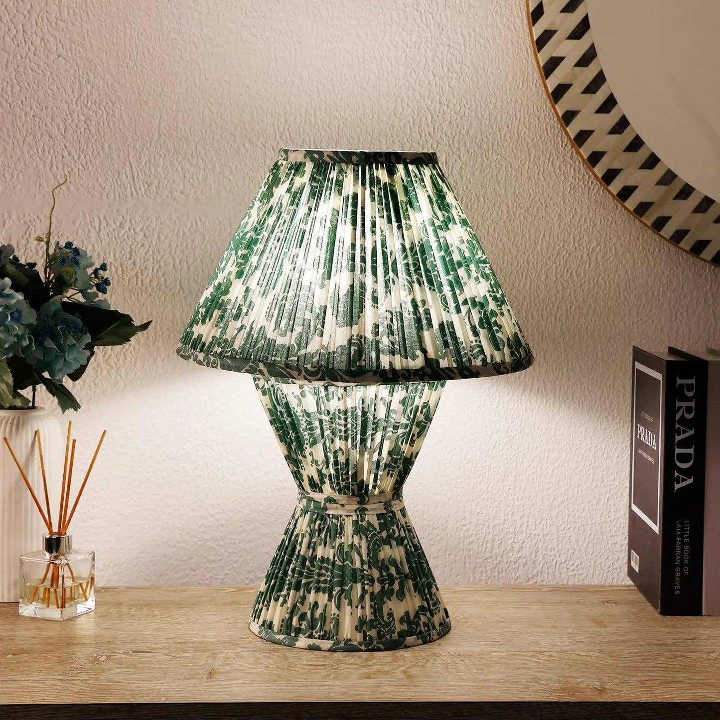 
                  
                    Verde Modern Table Lamp 13" x 19" – Handcrafted Pleated Fabric Bedside Lamp - Curated Home Decor
                  
                