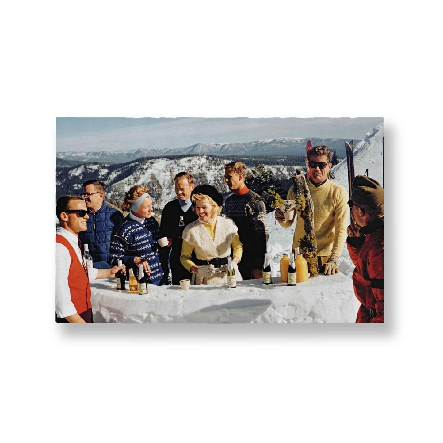 Ski Drink Canvas Wall Art featuring vintage group enjoying drinks in snowy mountain setting, 12x16 inches.