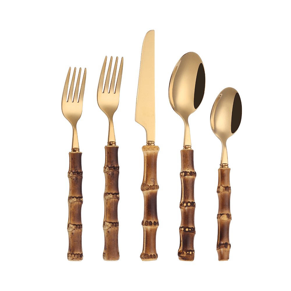 Bamboo Handle Flatware Set — 20 Piece, Stainless Steel - Curated Home Decor
