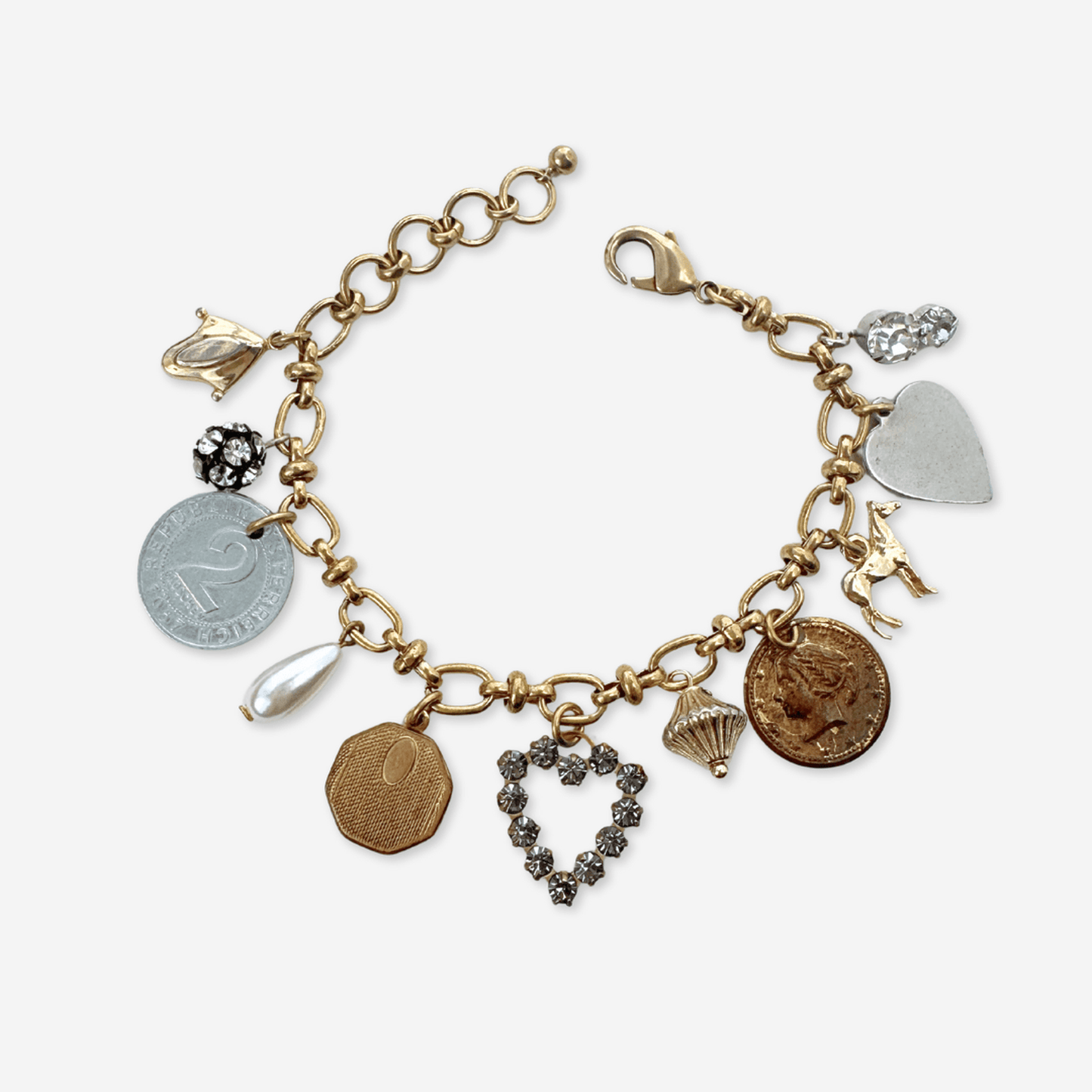 Repurposed vintage mixed metal charm bracelet with coins, beads, charms, rhinestones on adjustable brass chain