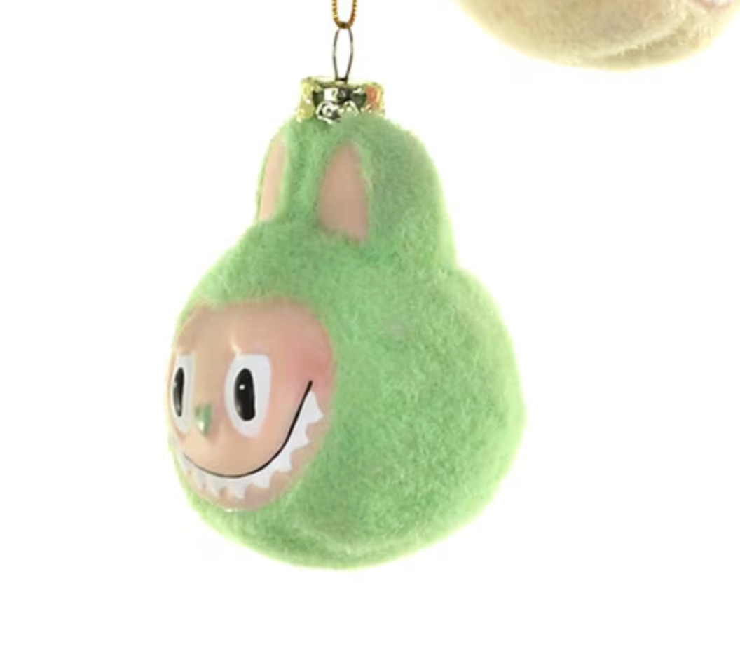 Santa's Sweet Shoppe green 3-inch glass fuzzy monster face Christmas ornament