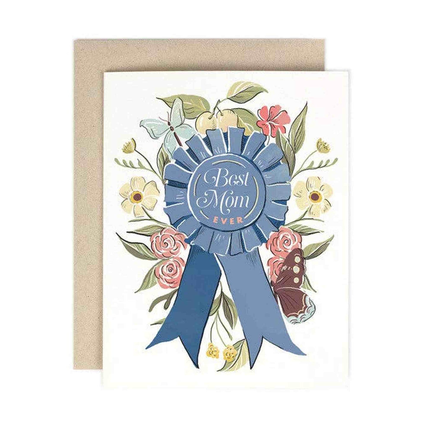 Best Mom Ever Ribbon Card with floral design on warm white paper and coordinating envelope