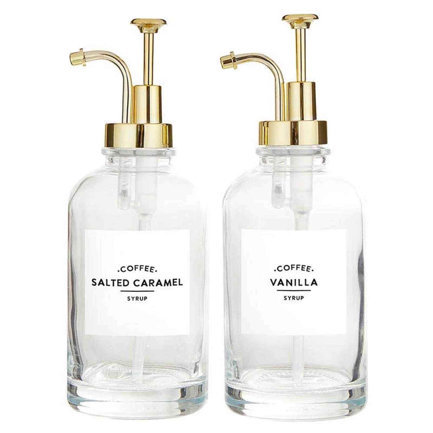 Set of 2 elegant glass coffee syrup dispensers with gold pumps and waterproof labels for stylish coffee bar organization
