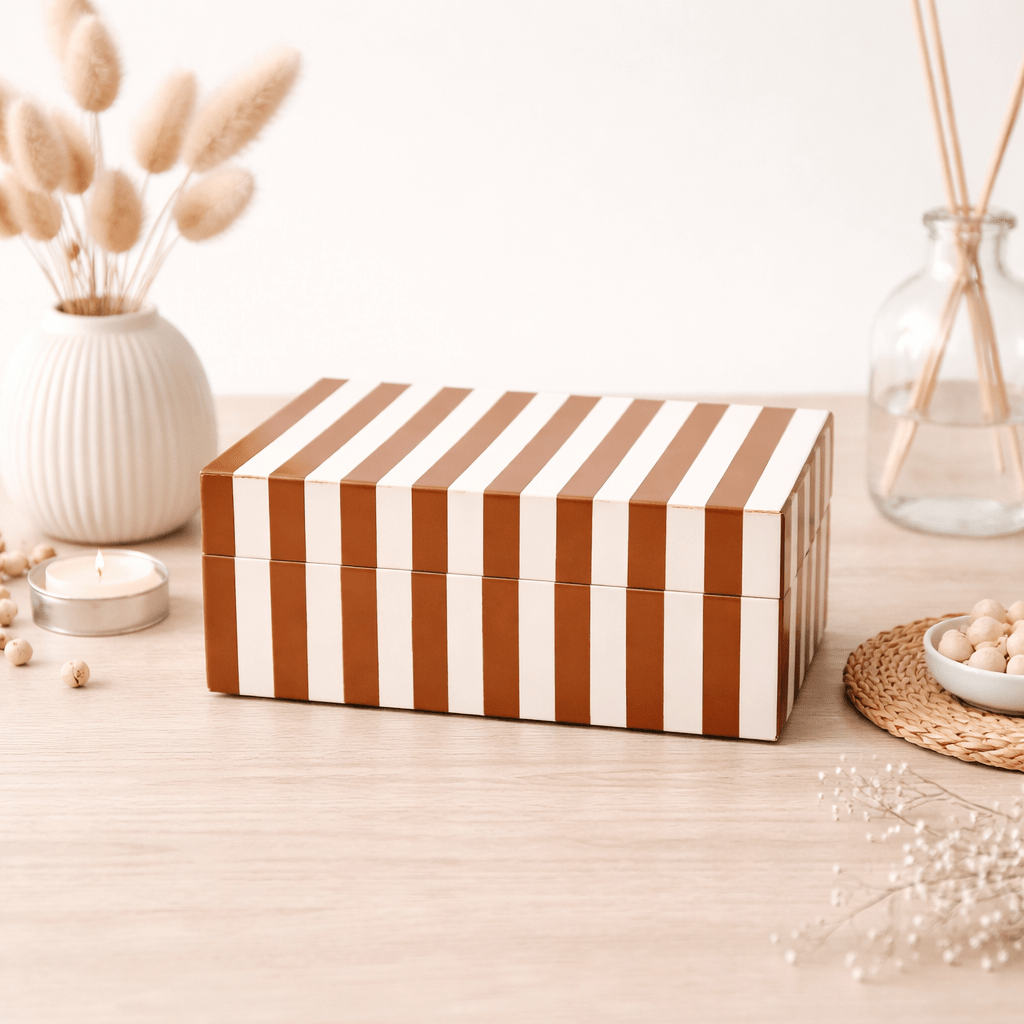 
                  
                    Brown Striped Resin Storage Box | MDF Decorative Organizer - Curated Home Decor
                  
                