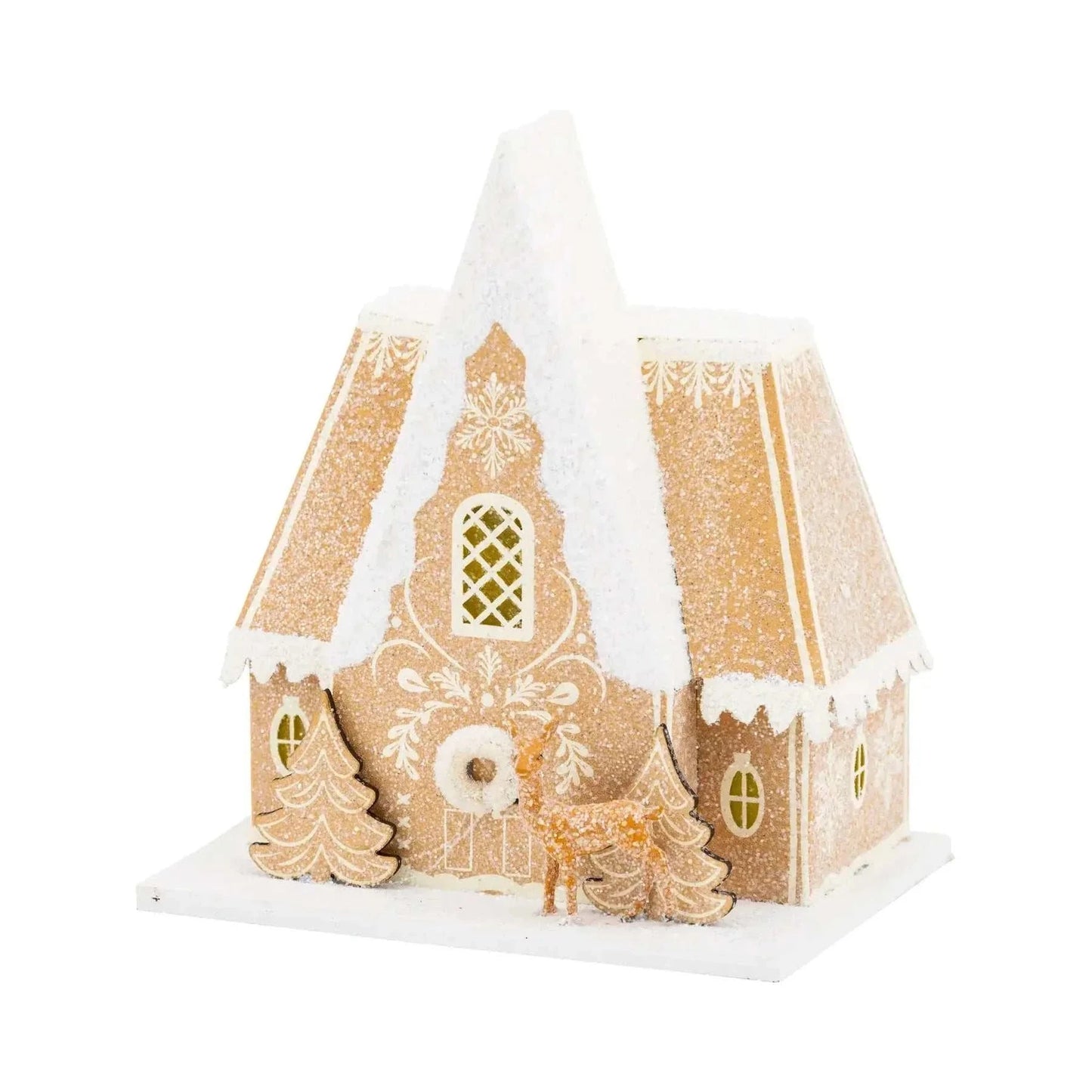 Gingerbread Chalet Christmas decoration with glitter accents and battery-powered light
