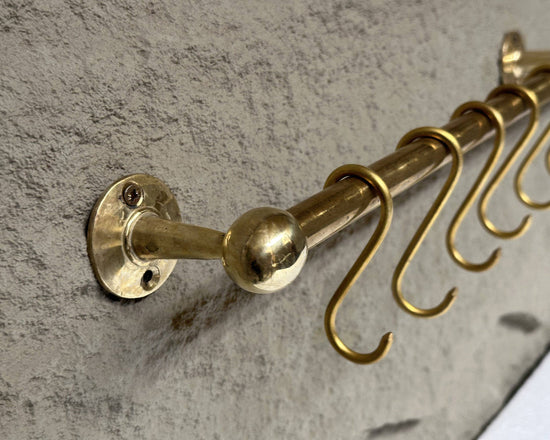 Unlacquered Brass Wall Mounted Pot Rack With Hooks - Curated Home Decor