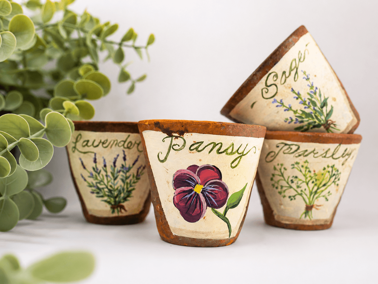 Vintage Hand-Painted Terracotta Herb Pots · Set of 4 · Lavender, Sage, Parsley & Pansy - Curated Home Decor