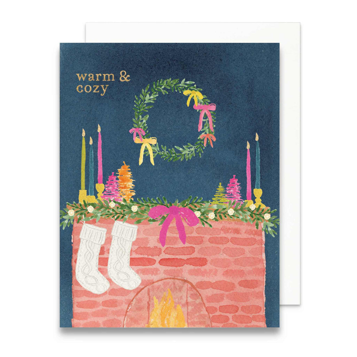 
                  
                    Holiday mantel greeting card with watercolor fireplace illustration, stockings, wreath, and gold foil "Warm & Cozy" text on navy background
                  
                