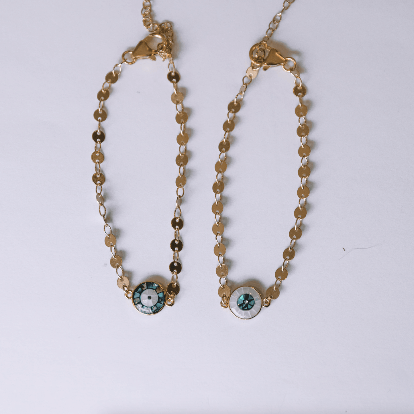 The Disco Evil Eye Bracelet gold-filled chain with opal shell eye charm two colorways lobster clasp