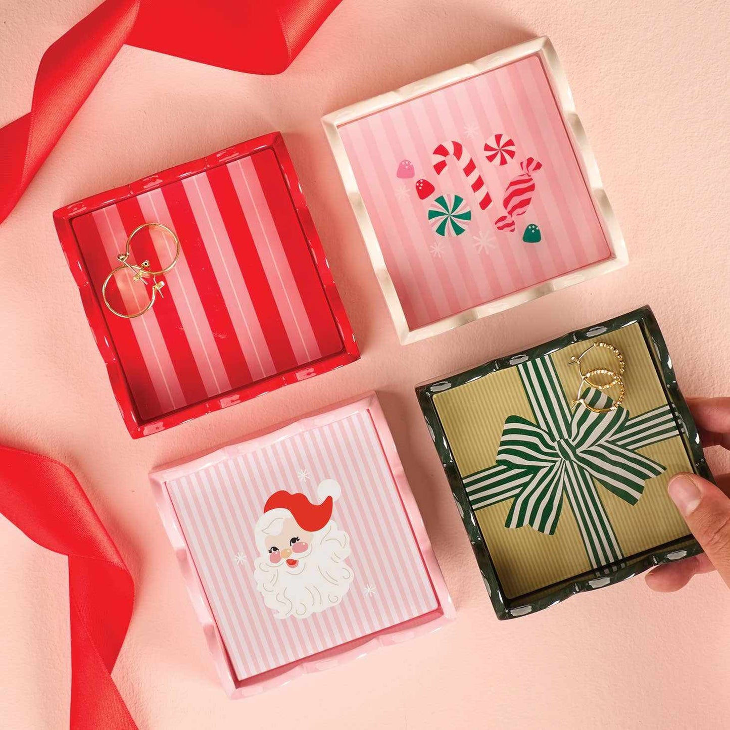 Holiday scalloped trinket trays bundle with festive designs and glossy finish for organizing jewelry