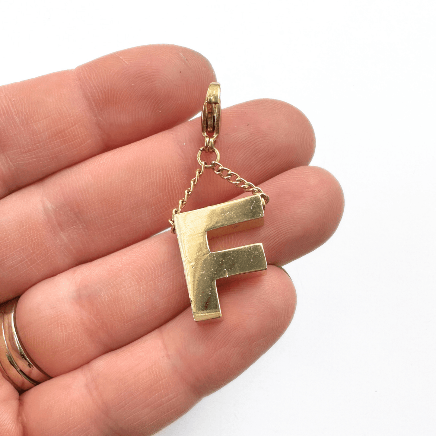 Vintage chunky letter F gold plated charm on thin gold chain with lobster clasp