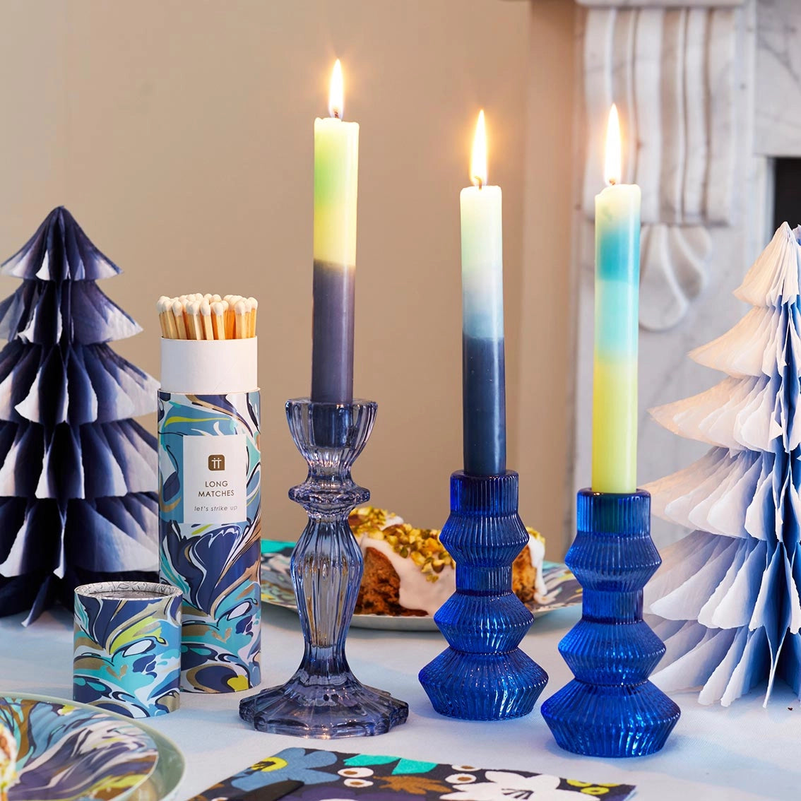 Blue Ribbed 3-Tier Candle Holder