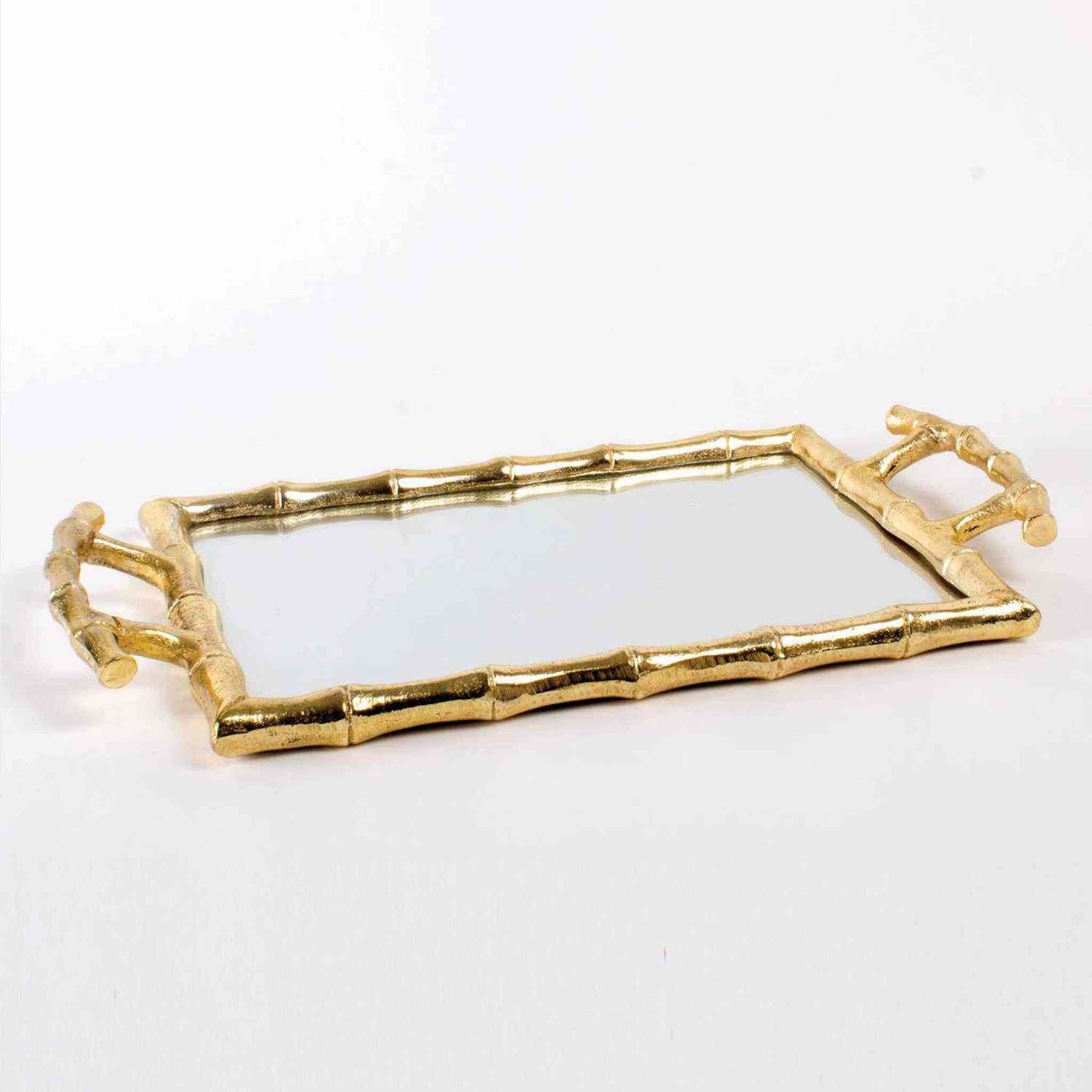 Gold Bamboo Vanity Tray with mirrored surface and gold bamboo-style frame and handles