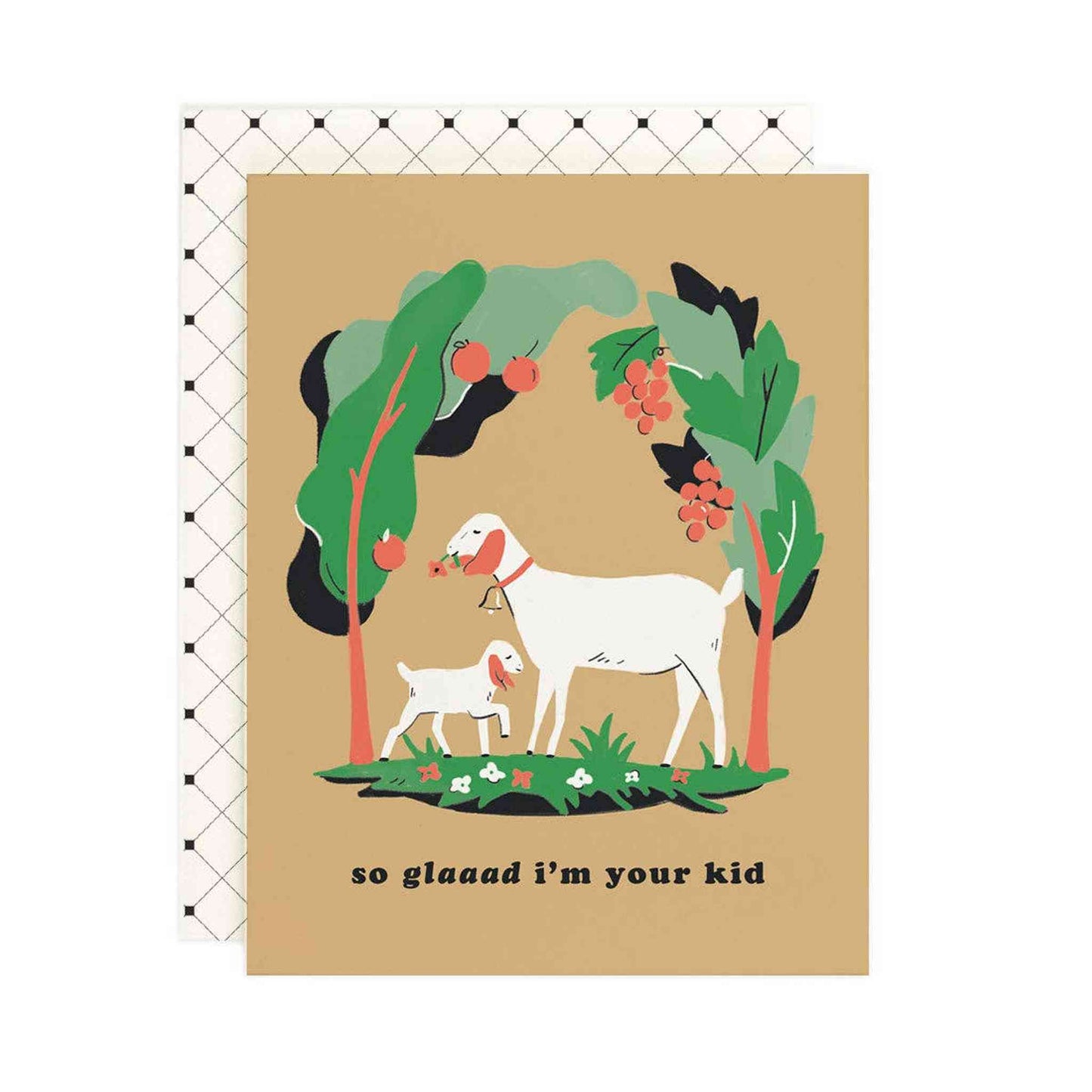 Greeting card with goats and trees design on warm white cover paper with coordinating envelope and plastic sleeve