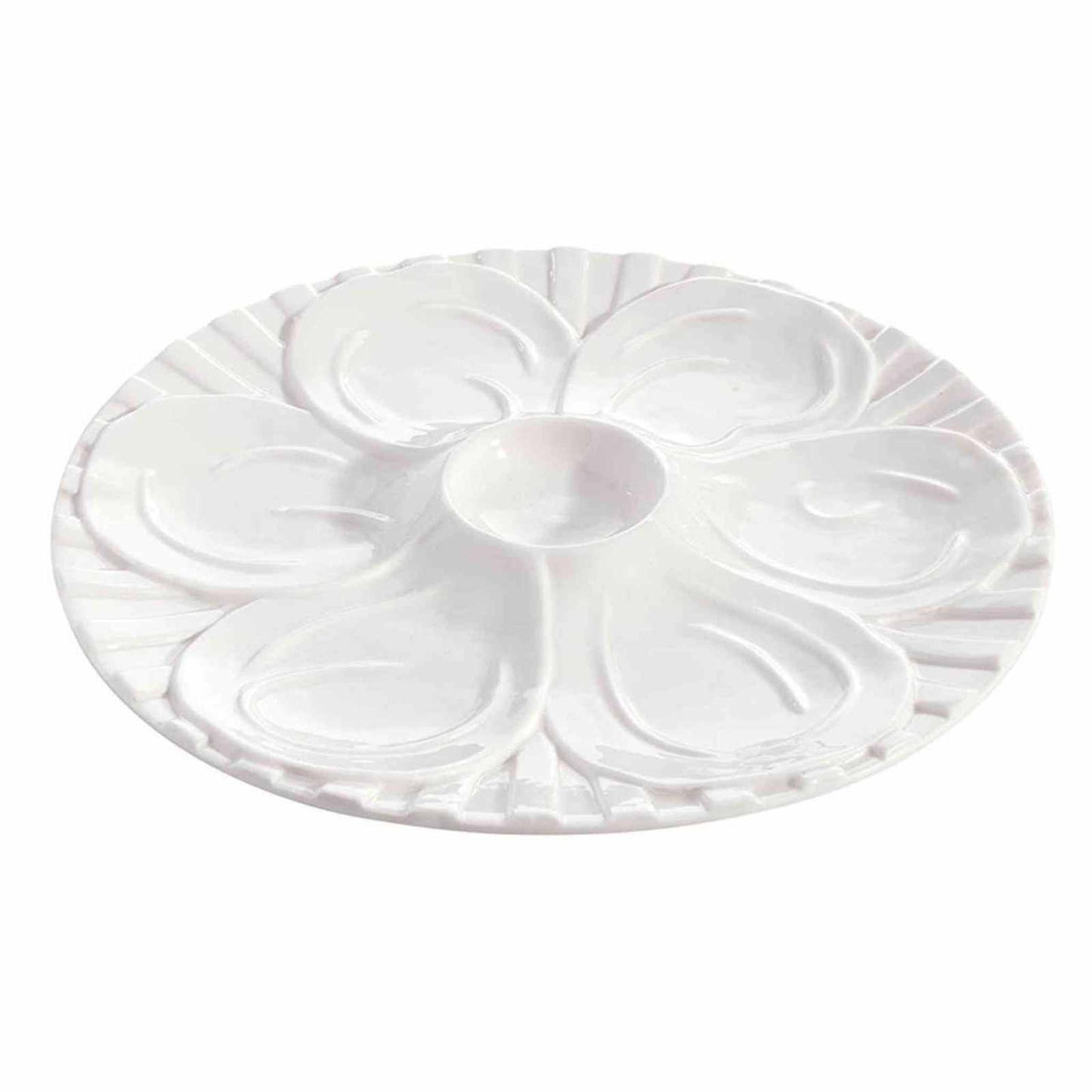Ceramic oyster platter with six wells for serving chilled oysters in an elegant round design