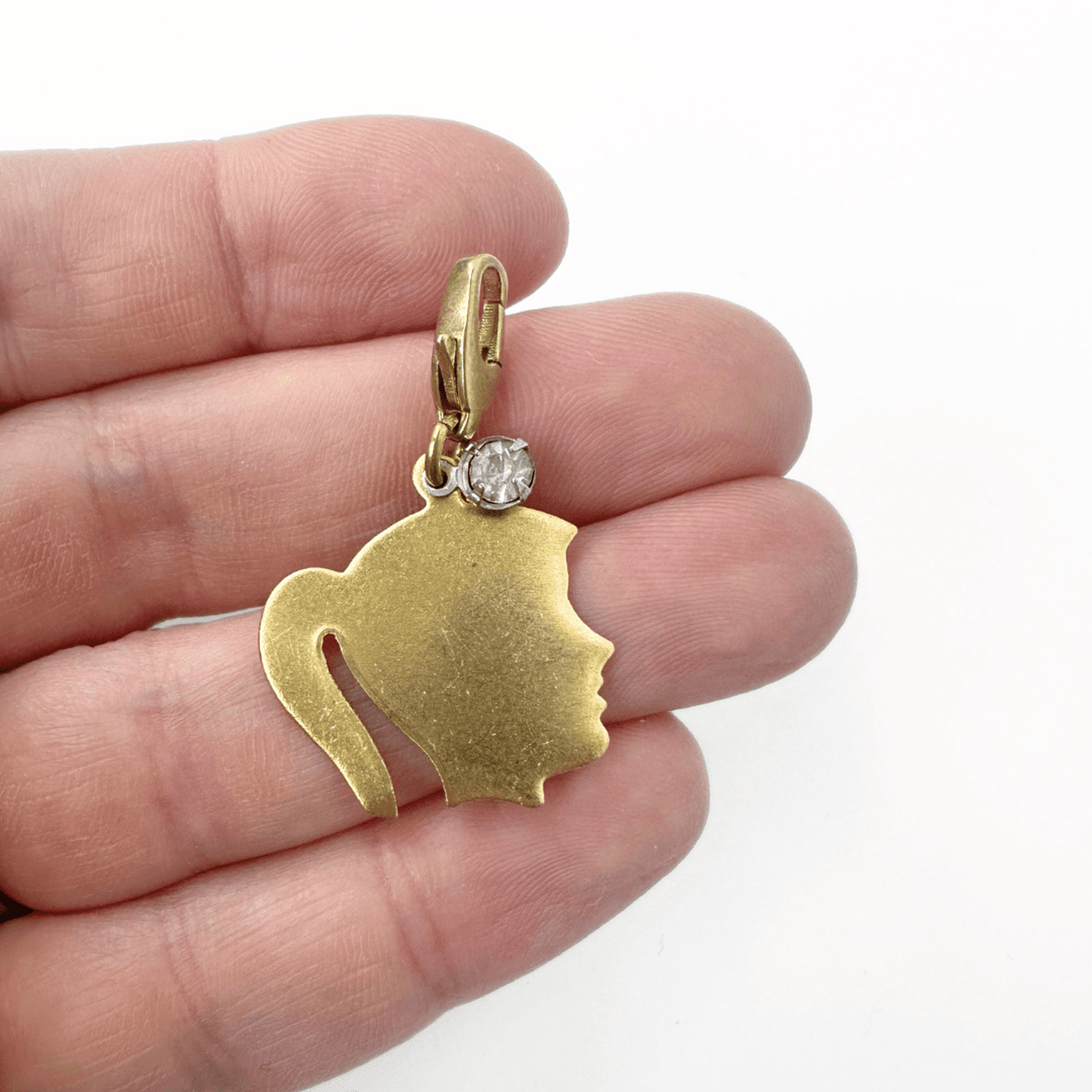 Brass girl silhouette charm with vintage clear rhinestone and lobster clasp