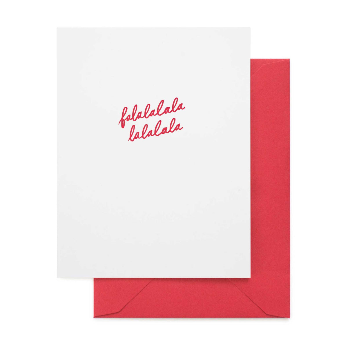 Sugar Paper holiday card with red "falalalala lalalala" text and red envelope