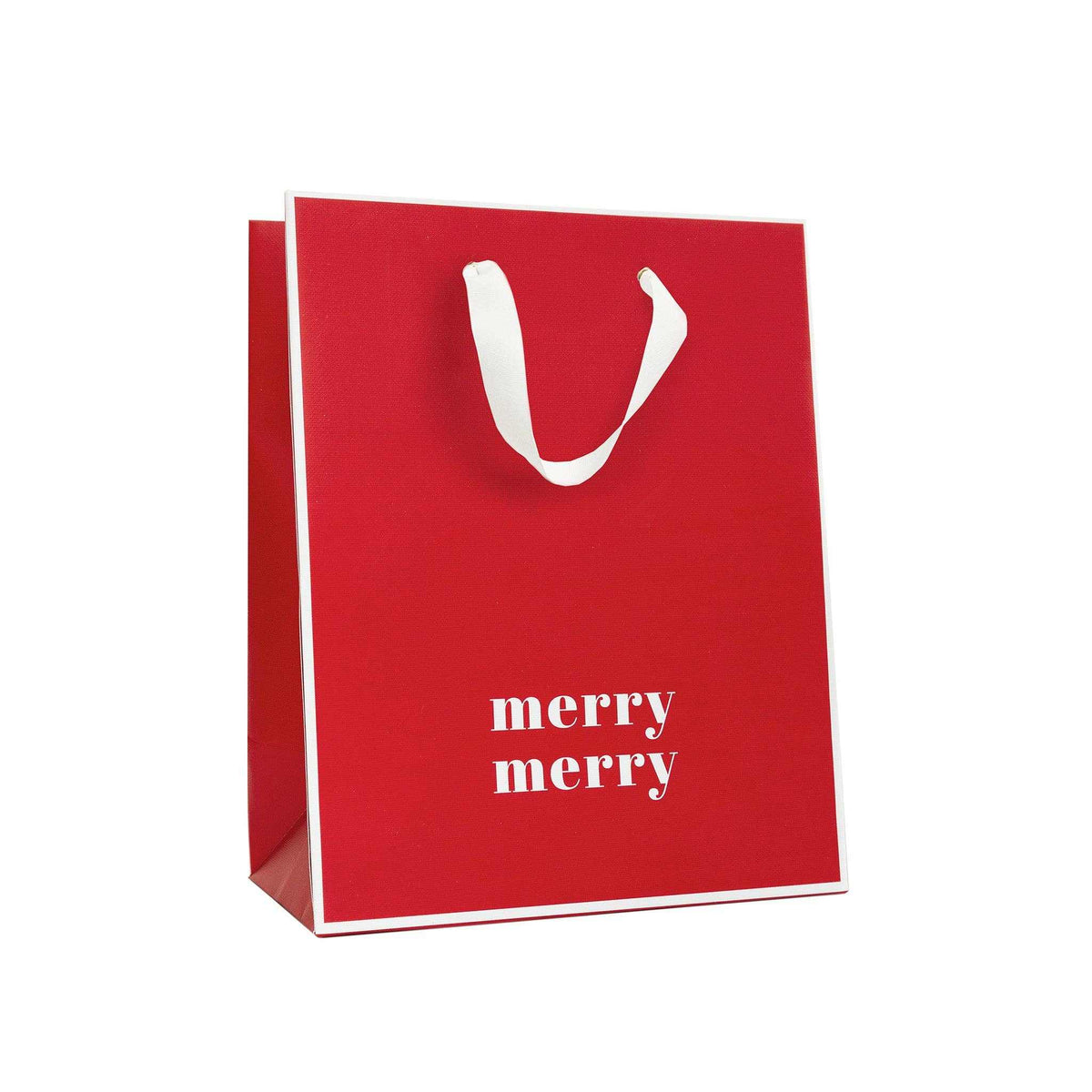 Sugar Paper Merry Merry gift bag with white grosgrain ribbon handles and red design