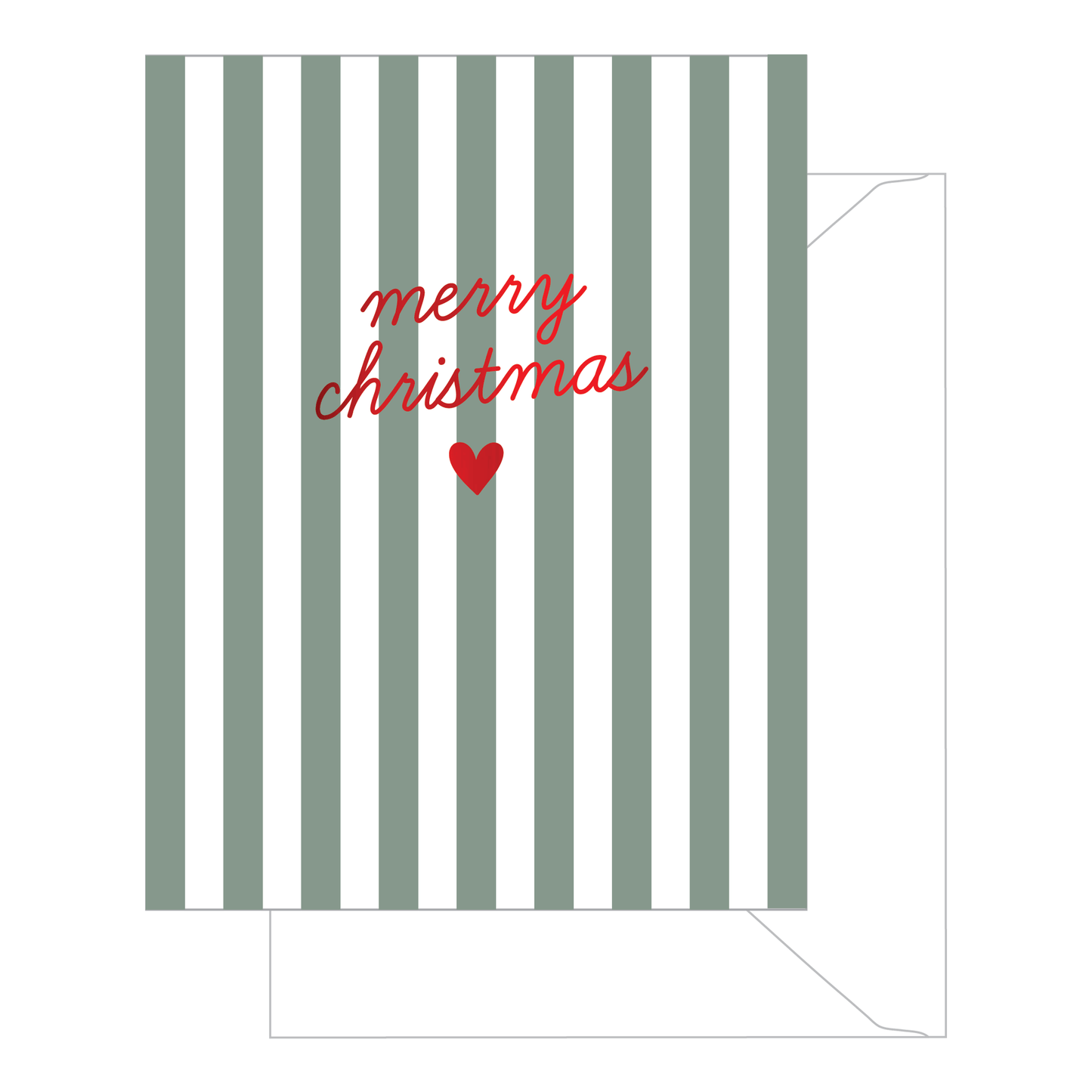Sugar Paper striped Merry Christmas card with red text and heart on gray and white background
