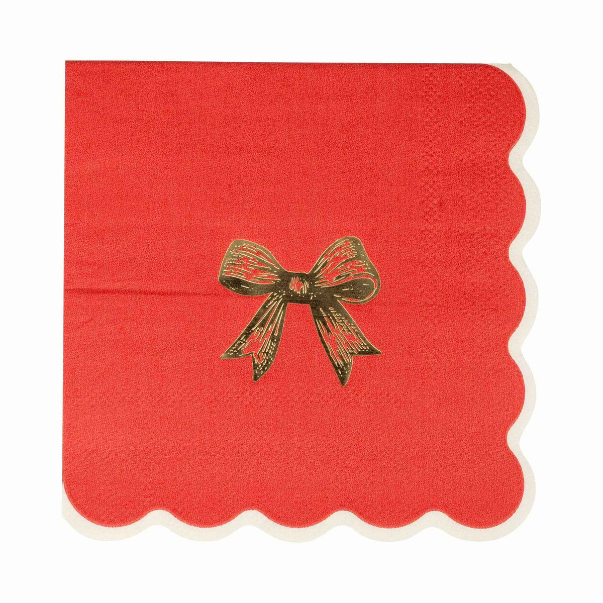 
                  
                    Red cocktail napkin with gold foil bow and scalloped edge, 5x5 inch, festive holiday design
                  
                