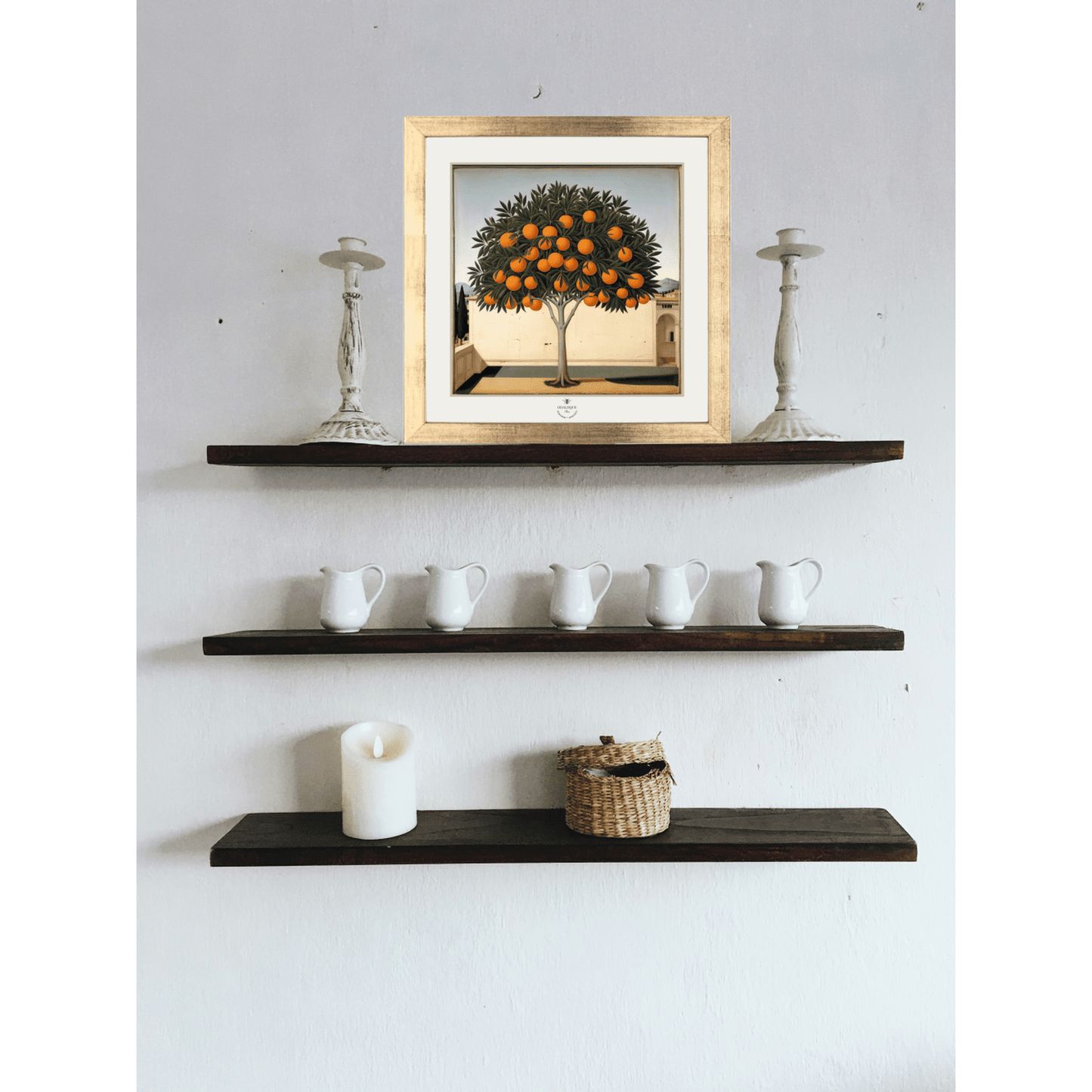 Frame + illustration pack featuring a gilded wooden frame and a detailed orange tree illustration on Fabriano Cotton Rag paper