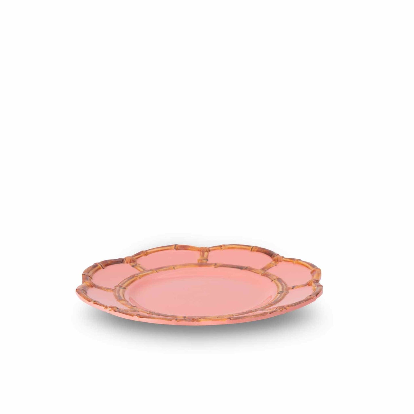 Salmon pink melamine side plate with scalloped bamboo rim, 8.75 inches diameter