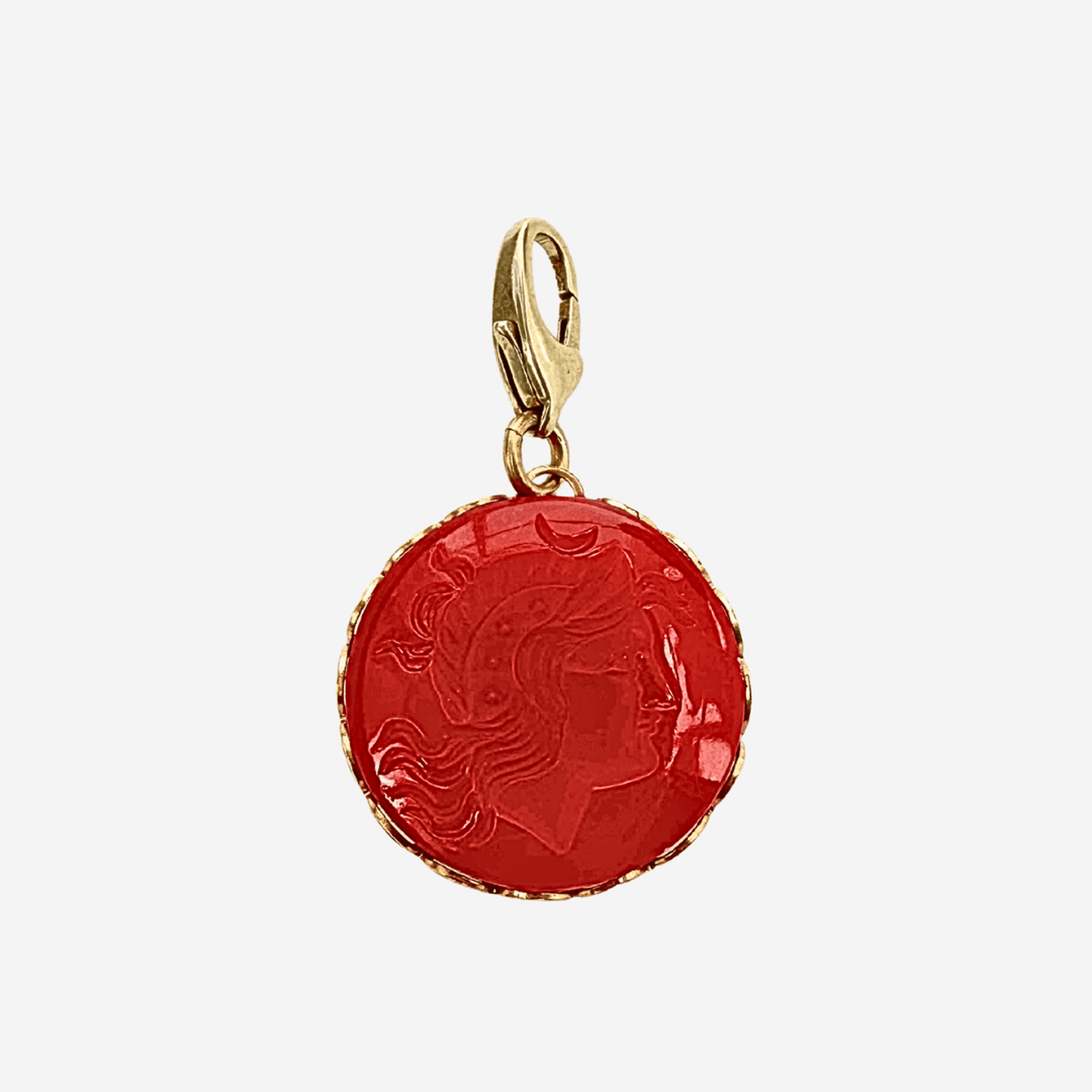 Vintage red carved carnelian charm with Roman soldier design and lobster clasp