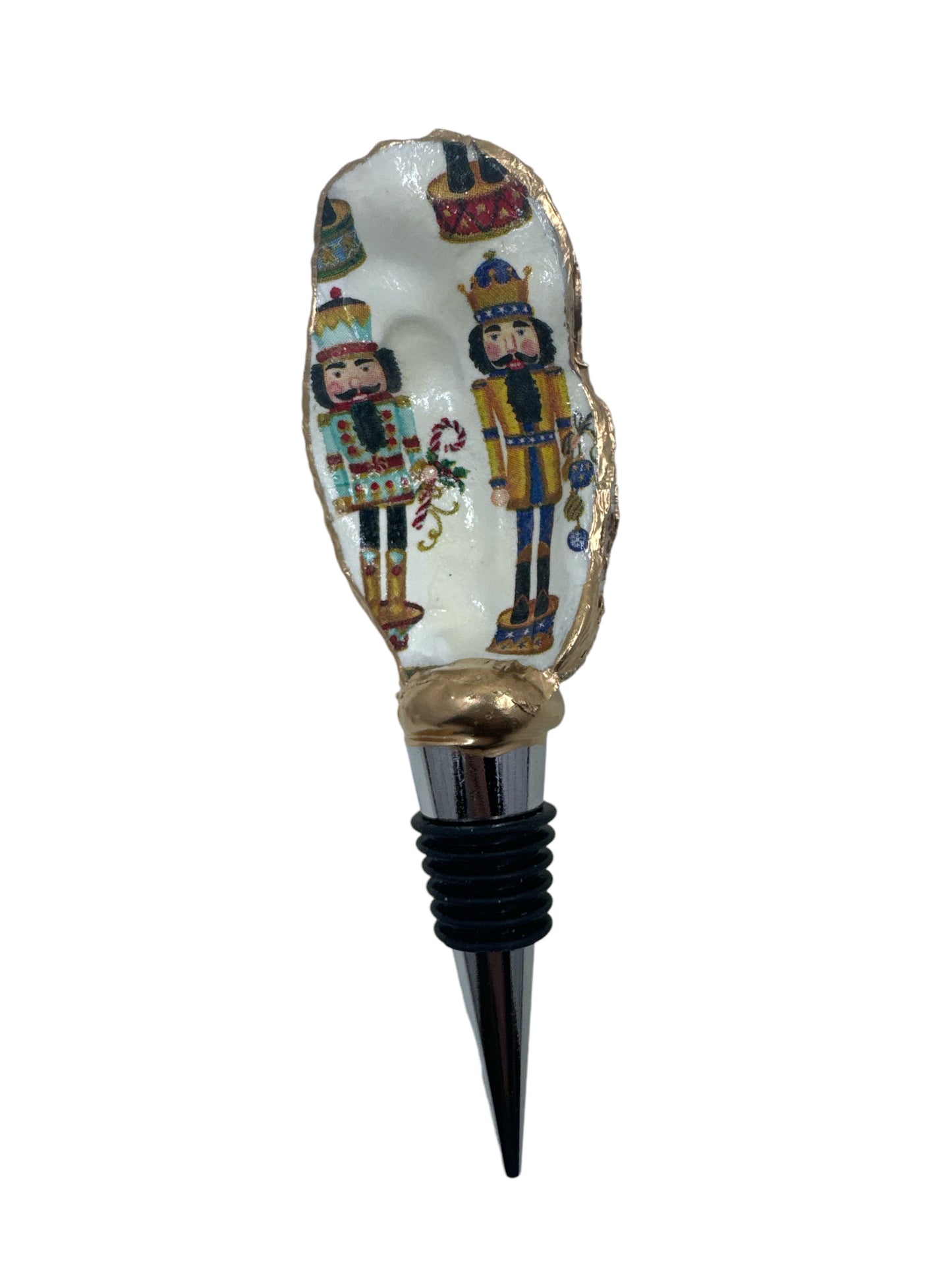 Christmas wine stopper with nutcracker design on genuine oyster shell
