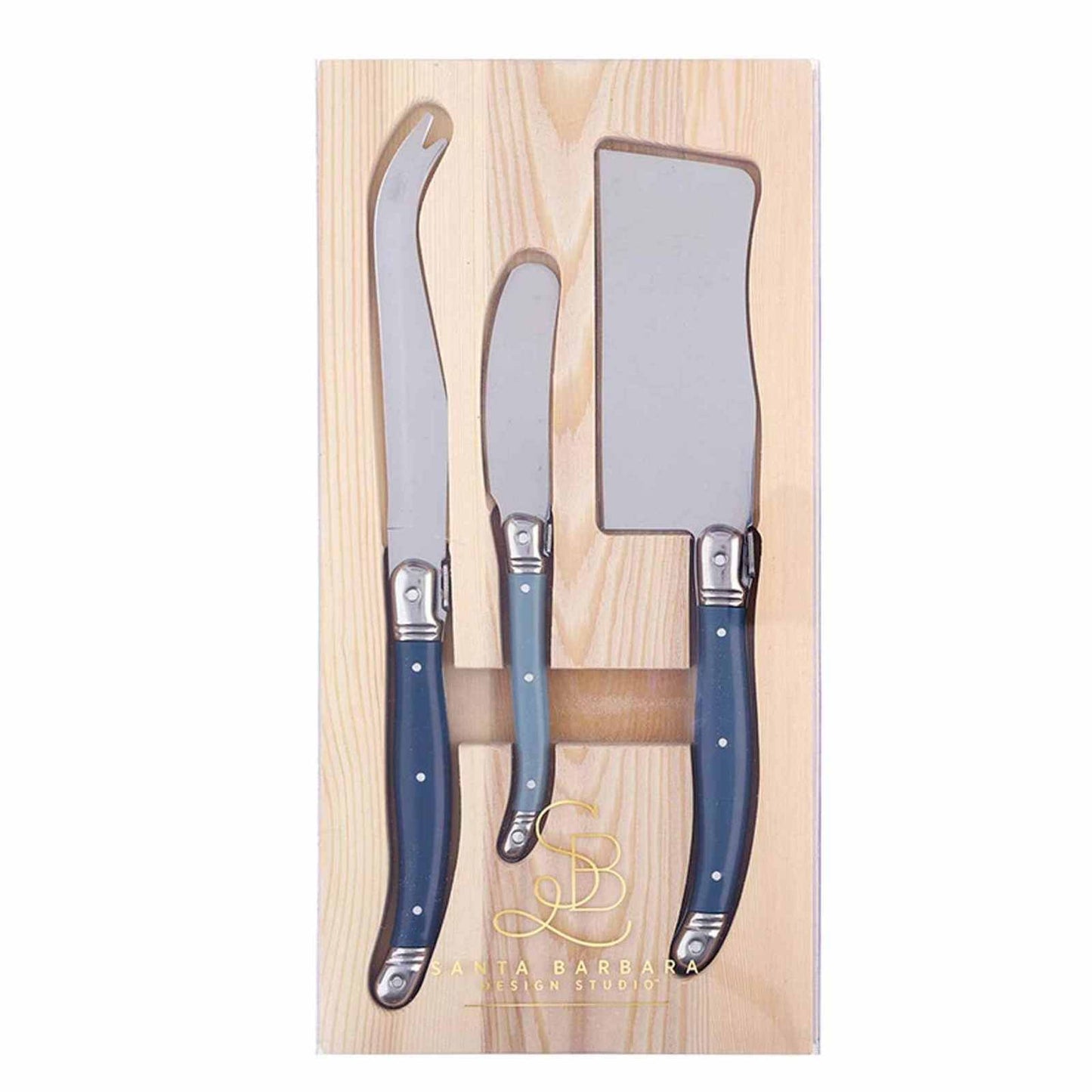 Set of three blue charcuterie knives with stainless steel blades for slicing and spreading cheese
