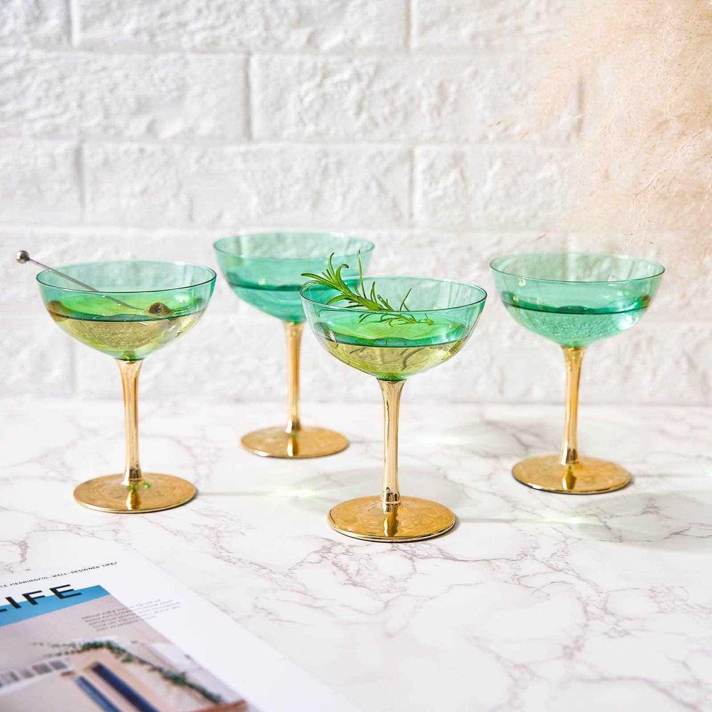 
                  
                    Gold & Green Coupe Art Deco Glasses, Gold | Set of 4 - Curated Home Decor
                  
                