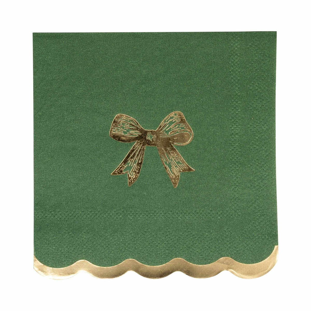 
                  
                    Green cocktail napkin with gold-foil bow and scalloped gold edge, perfect for holiday parties
                  
                