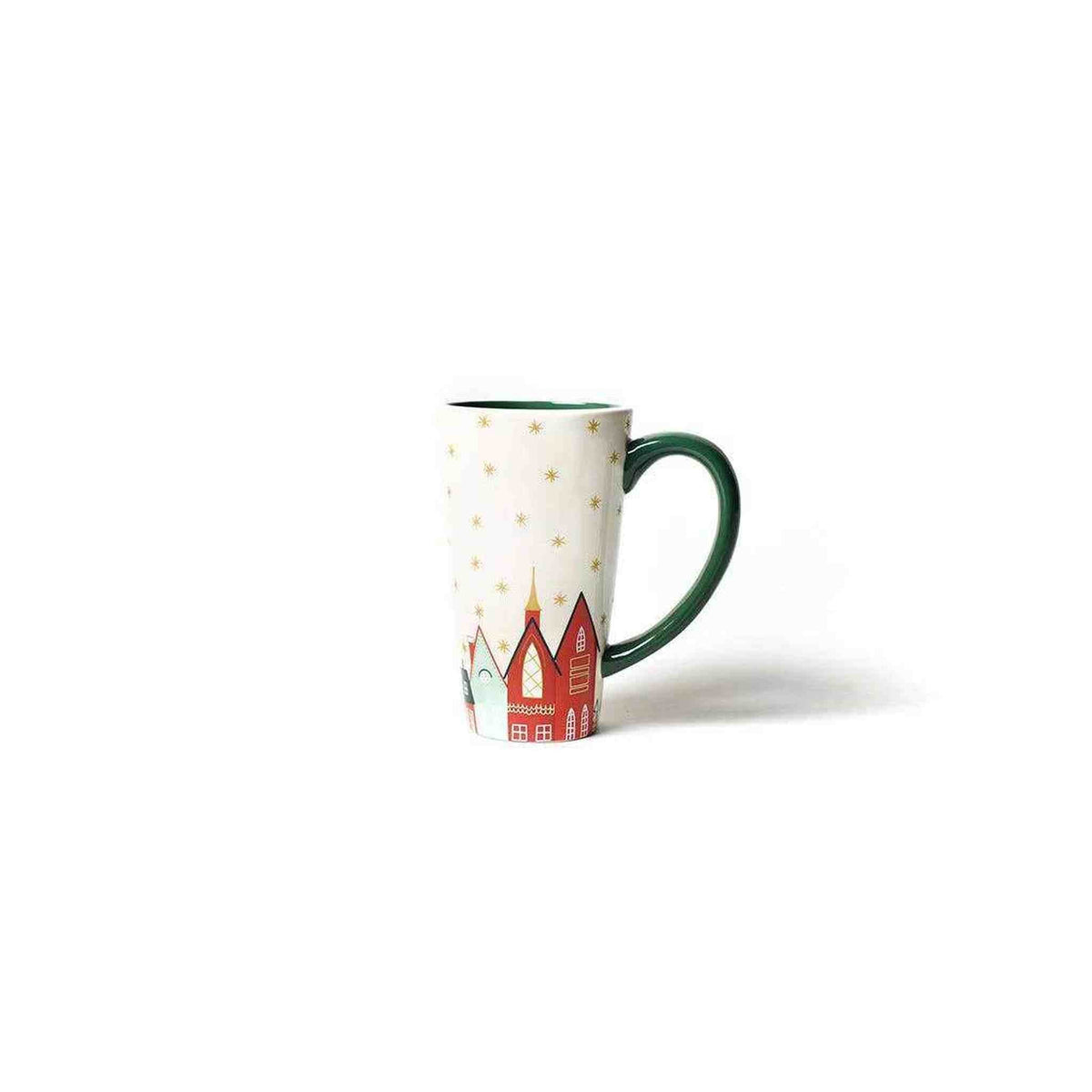 
                  
                    Flying Santa Mug featuring vintage Christmas village design with green handle and tall form.
                  
                