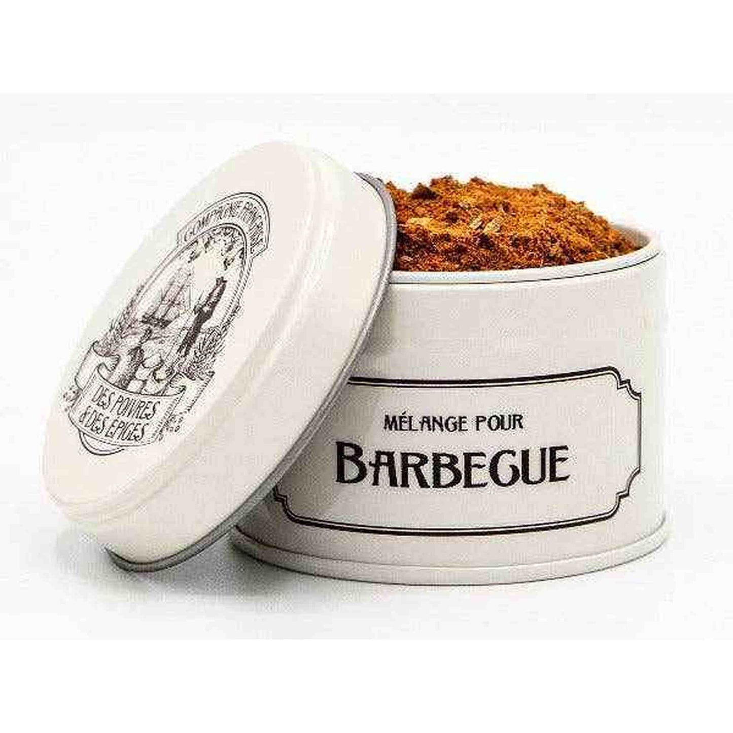 White tin container of BBQ Mix spice blend with open lid showing reddish seasoning inside
