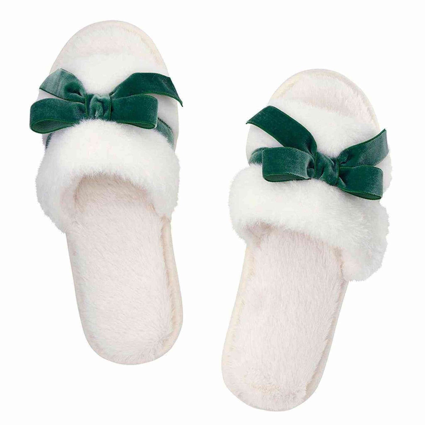 Ivory plush velvet bow slippers with forest green velvet bows and soft cozy texture